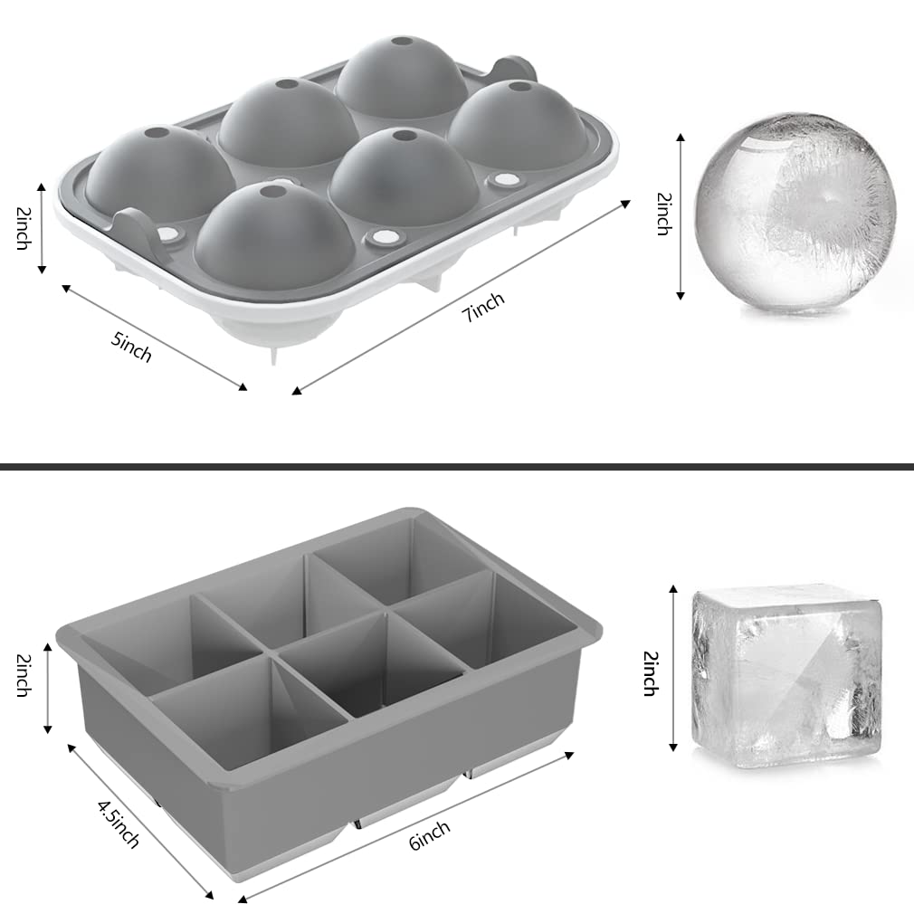 ROTTAY Ice Cube Trays Set of 2 - Sphere Ice Ball Maker & Large Square Ice Mold with Lid for Whiskey, Cocktails, Homemade Drinks | Keep Beverages Chilled | Perfect for Bourbon, Scotch, Iced Coffee & Party Drinks (Grey)