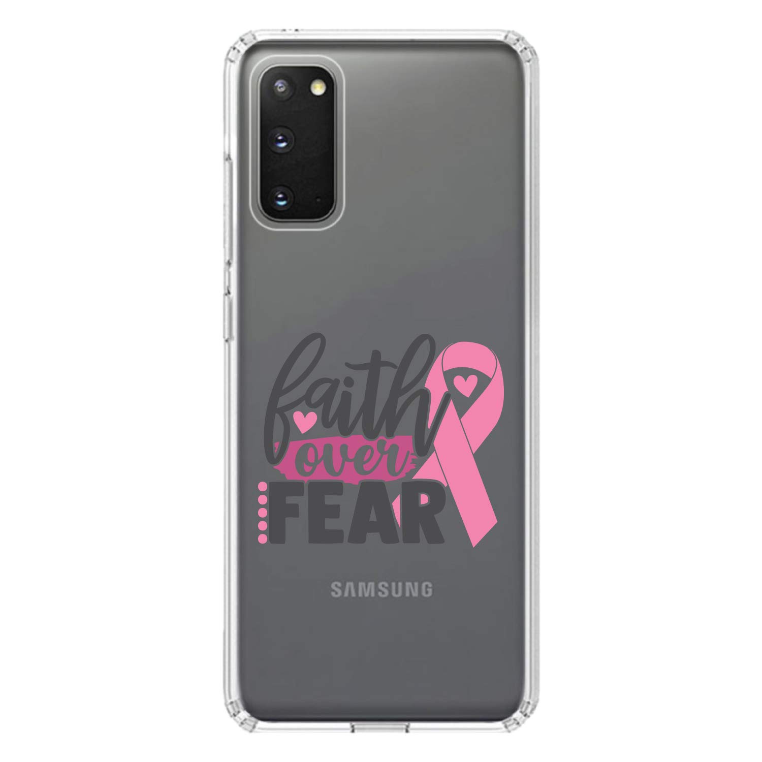 Shockproof Clear Hybrid Case for Samsung Galaxy S20+ Plus/5G (6.7 Inch) - TPU Bumper & Acrylic Back with Tempered Glass Screen Protector - Pink Ribbon Cancer Awareness - Faith Over Fear Design - Perfect for Daily Protection & Style