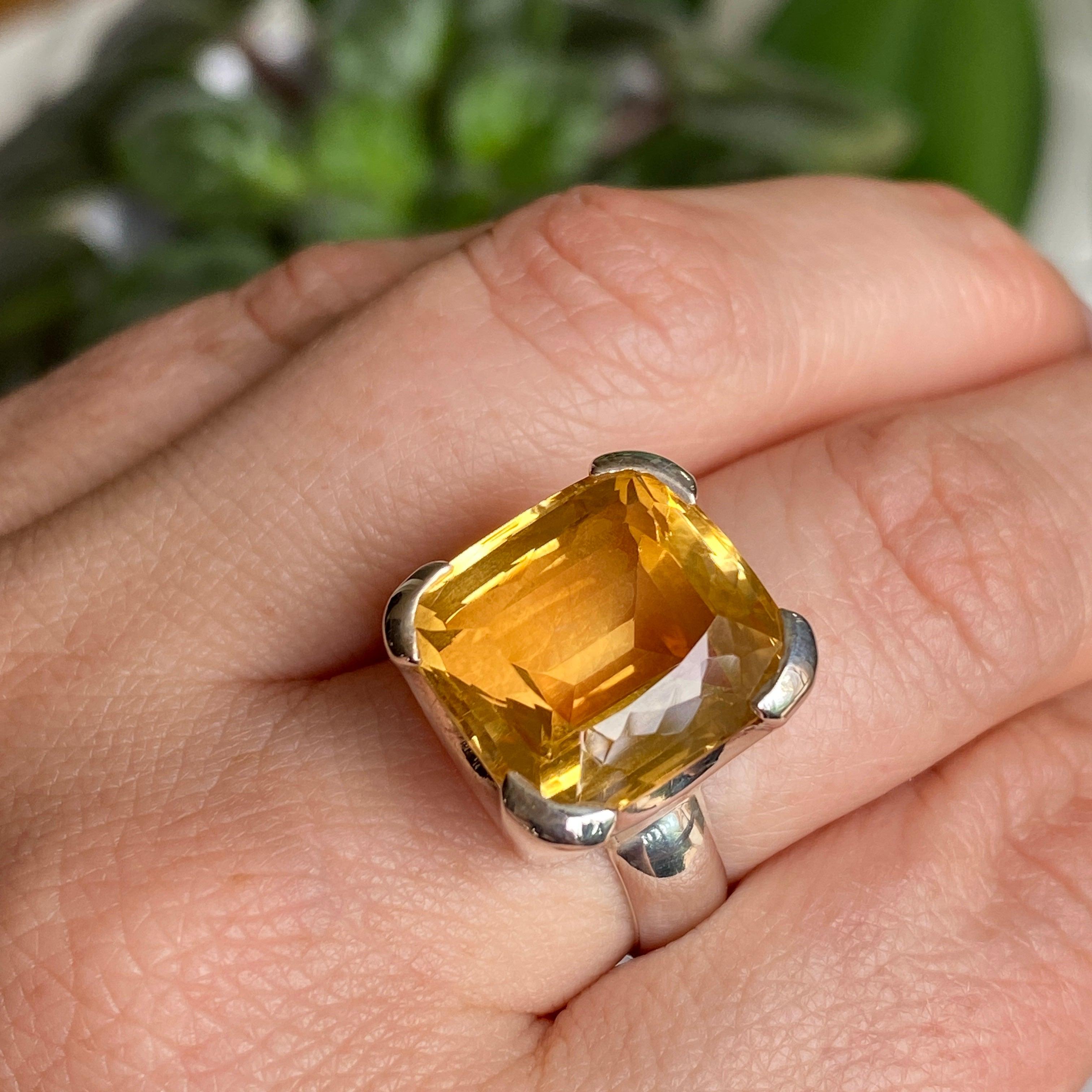 Natural Citrine Gemstone Rectangular Faceted Ring - Size 8, KRGJ2150 - Elegant Jewelry for Women, Perfect for Weddings, Parties & Everyday Wear