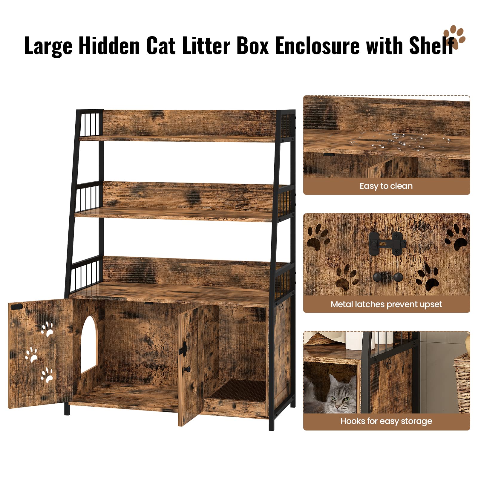 Large Cat Litter Box Enclosure with Storage Shelf - Hidden Cat Washroom Furniture - Wooden Cat House with Scratching Pad - Sturdy 2-Door Indoor Cat Cabinet in Rustic Brown - Perfect for Small Spaces & Multi-Cat Homes