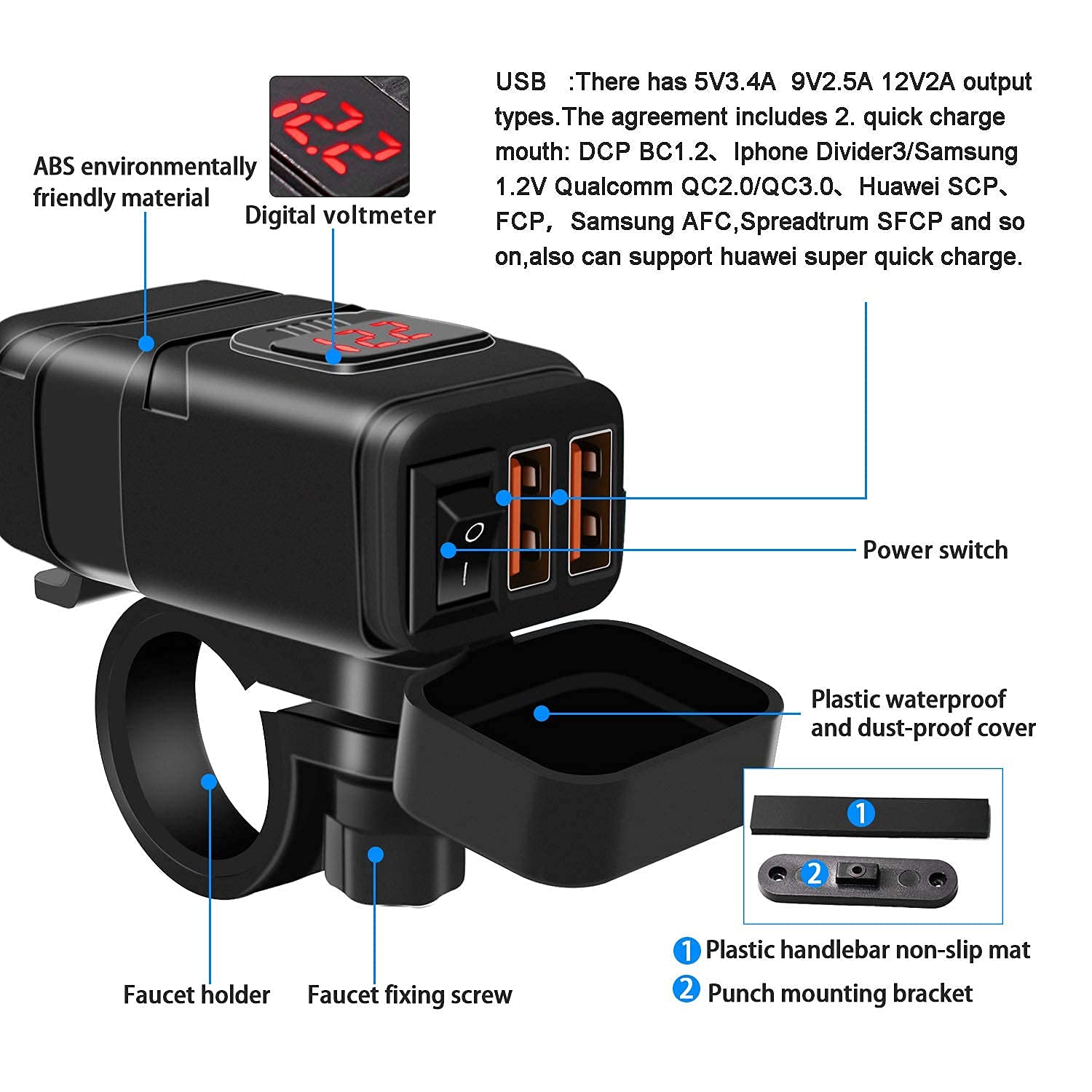 Vemote Waterproof Motorcycle USB Phone Charger - 6.8A Dual Port QC3.0 Fast Charging with Voltmeter, ON/Off Switch & Fuse - SAE USB Adapter for Phone, Tablet, Camera, GPS - Fits 7/8inch Handlebar (Red) - Perfect for Long Rides, Road Trips & Adventure Motorcycling