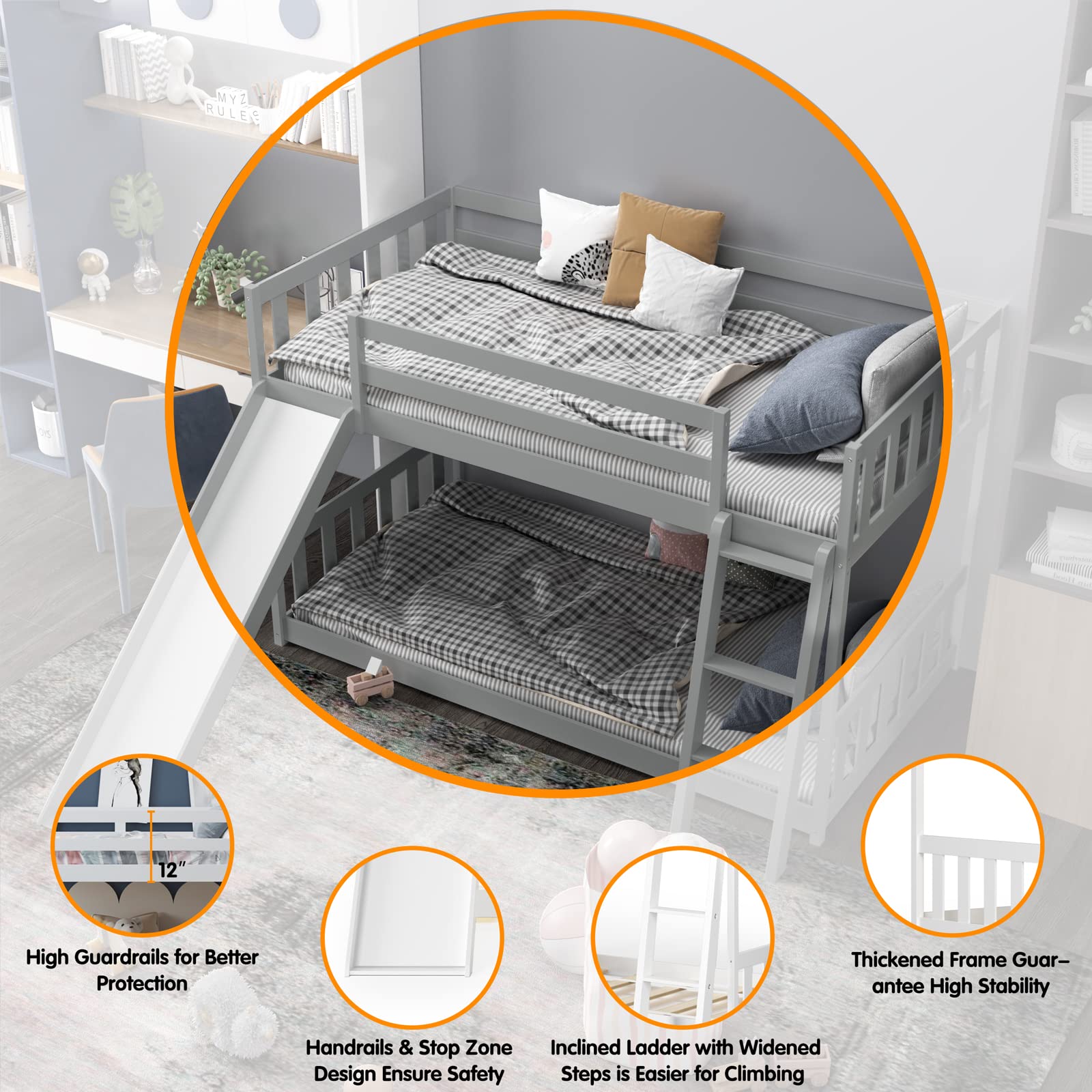 KOMFOTT Twin Over Twin Wood Bunk Bed with Convertible Slide, Inclined Ladder & Safety Guardrails - Space Saving Bed Frame for Teens, Students - Perfect for Small Bedrooms, Dorm Rooms & Kids' Rooms (Gray)