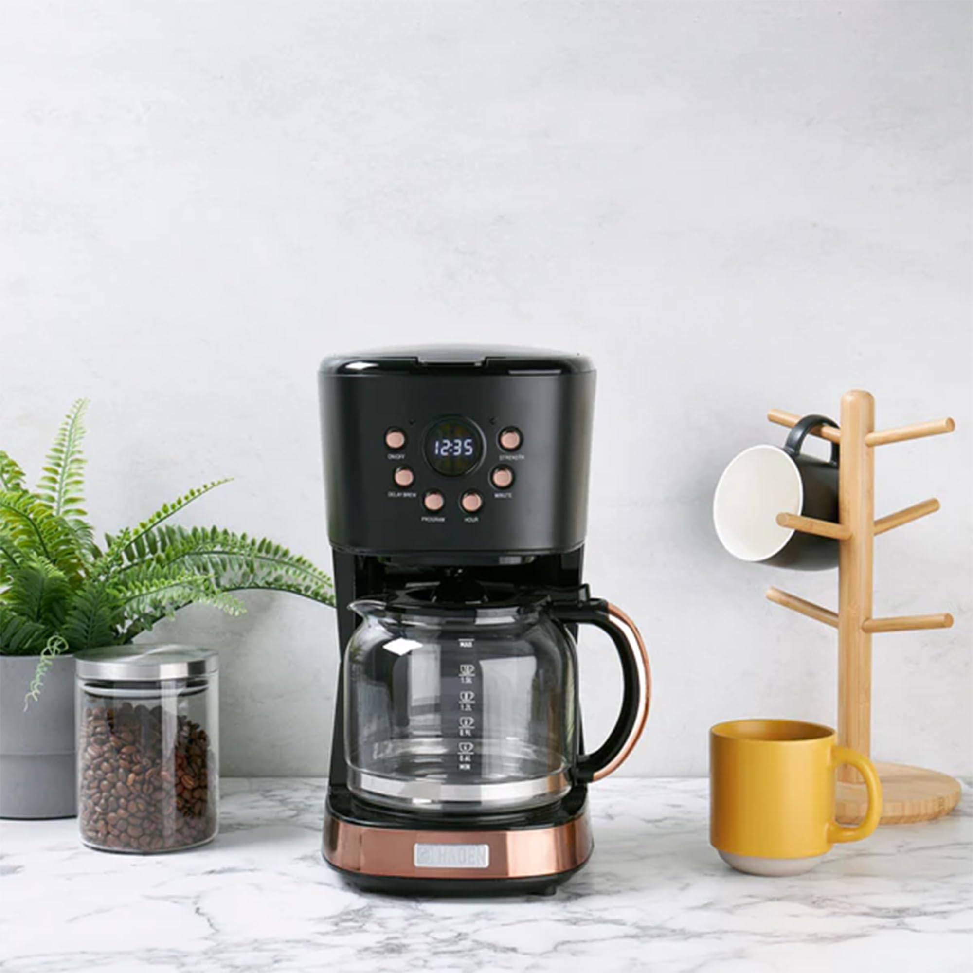 Haden Dorset 4-Slice Wide Slot Stainless Steel Toaster with 12-Cup Programmable Drip Coffee Maker Set, Black & Copper - Perfect for Breakfast, Kitchen, and Office Use