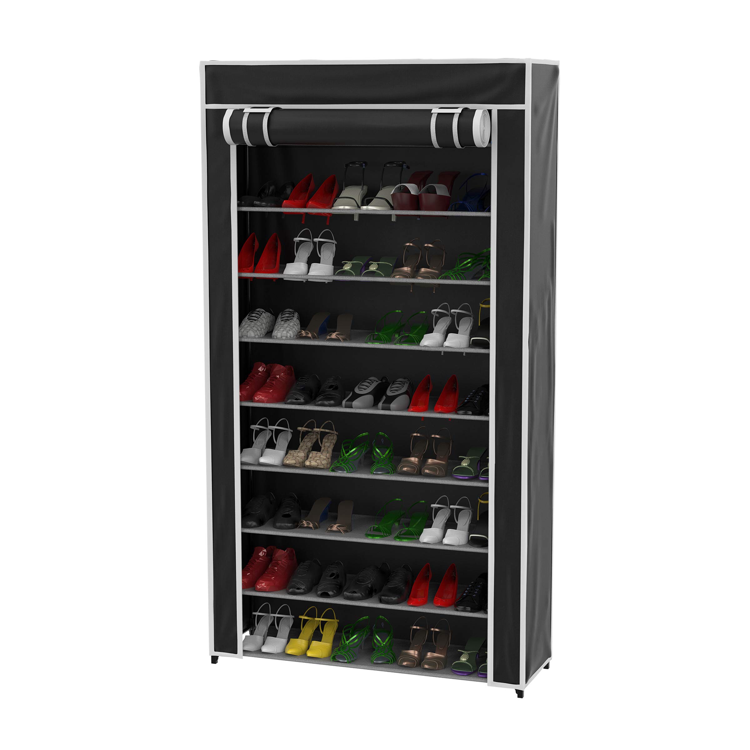 9-Tier Shoe Storage Rack with Dust Cover & Sturdy Metal Frame - Freestanding Vertical Shoe Organizer Cabinet for Closet, Entryway & Bedroom - Black