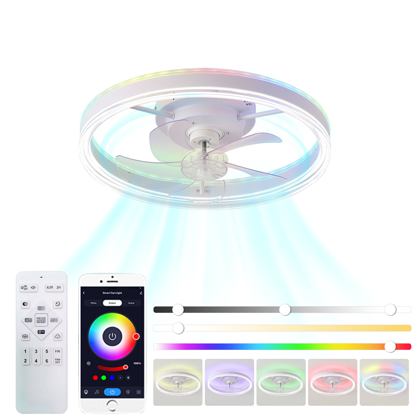 19.7 Inch RGB LED Ceiling Fan with Light - 3 Color Temperatures, 6 Speed Adjustable, Reversible Rotation - Perfect for Bedroom, Living Room & Home Office
