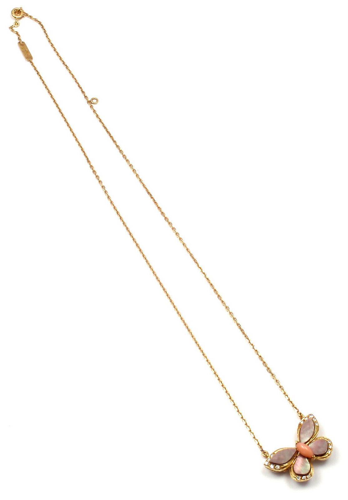 VAN CLEEF & ARPELS 18k Yellow Gold Diamond Mother of Pearl Coral Butterfly Brooch Necklace - Elegant Jewelry for Weddings, Parties & Special Occasions