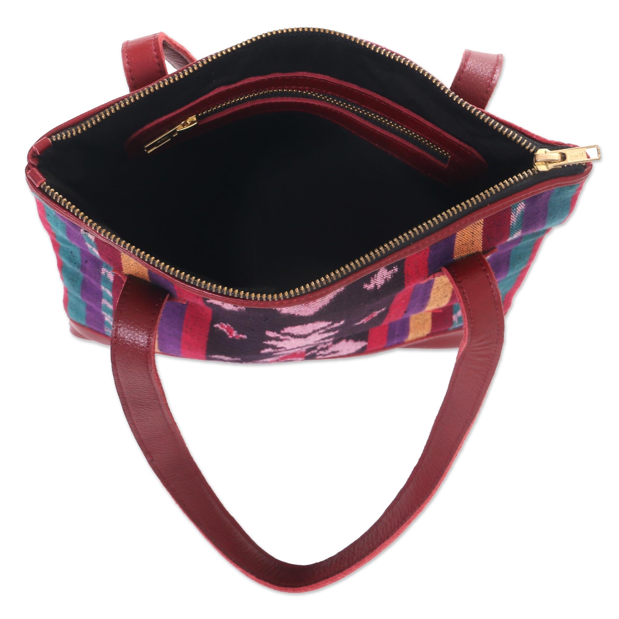Artisan Handcrafted Leather Accent Cotton Shoulder Bag - Multicolor Burgundy Ikat Pattern, Indonesia Woven 'Jepara Weave' - Perfect for Travel, Shopping & Casual Outings