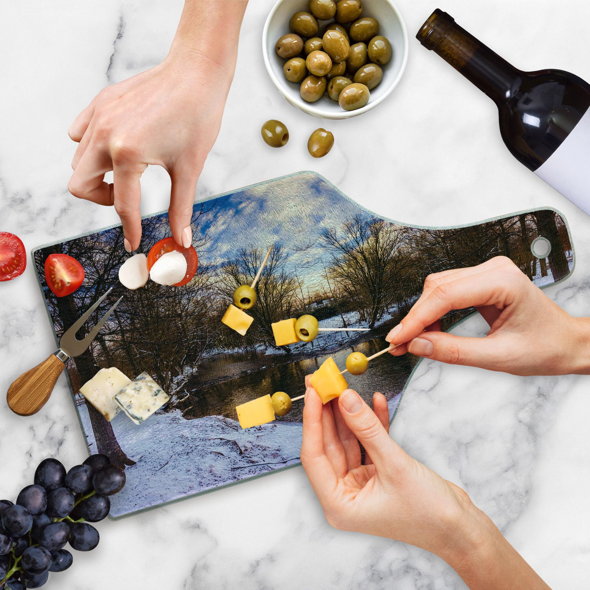 Ambesonne Heart-Shaped Tempered Glass Cutting Board - Winter Park Landscape with Snowy Trees, Lake & Sunset - Decorative Serving Board for Cheese, Charcuterie & Wine - Perfect for Holiday Entertaining & Kitchen Decor