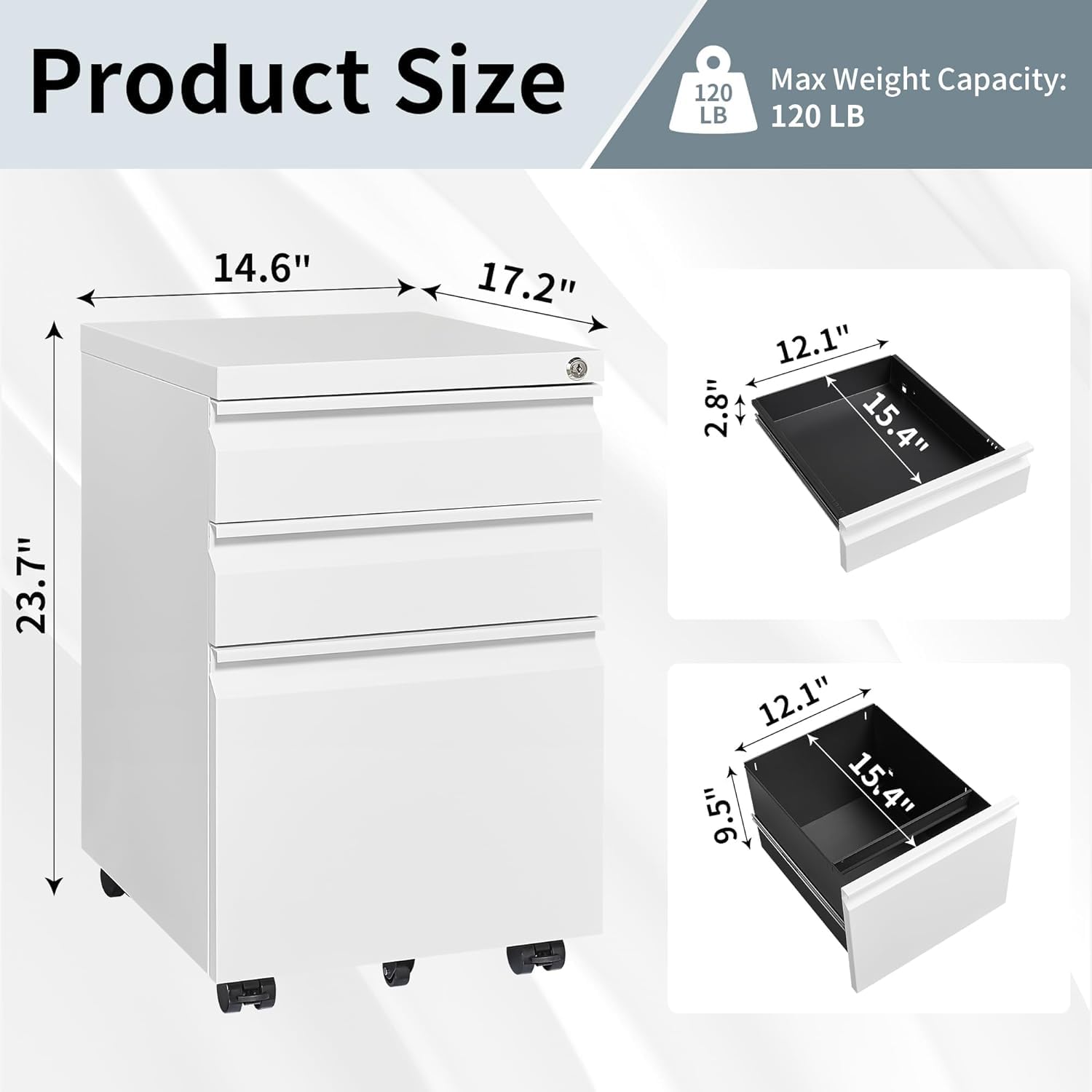 3 Drawer Locking File Cabinet for Home Office - Fully Assembled Mobile Storage for A4, Letter & Legal Size Documents - Under Desk Organizer for Papers, Folders & Office Supplies (White)