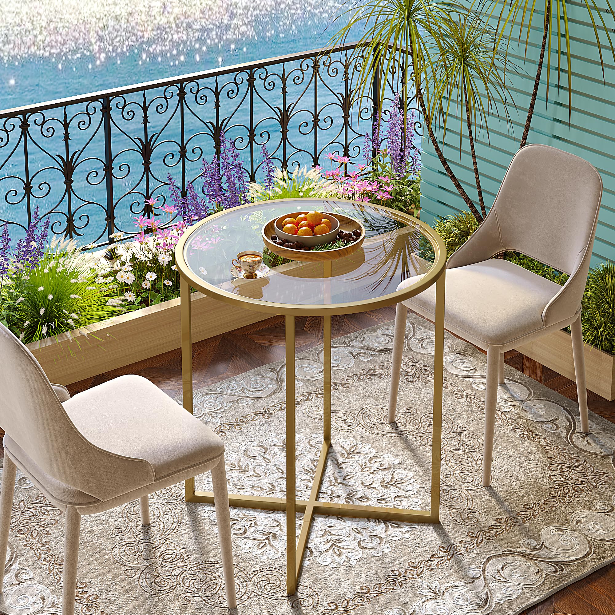SAYGOER 26.7'' Round Glass Dining Table - Modern Small Kitchen Table for 2, Space Saving Design with Gold Frame, Easy Assembly | Perfect for Breakfast Nook, Small Apartments & Cozy Dining Spaces