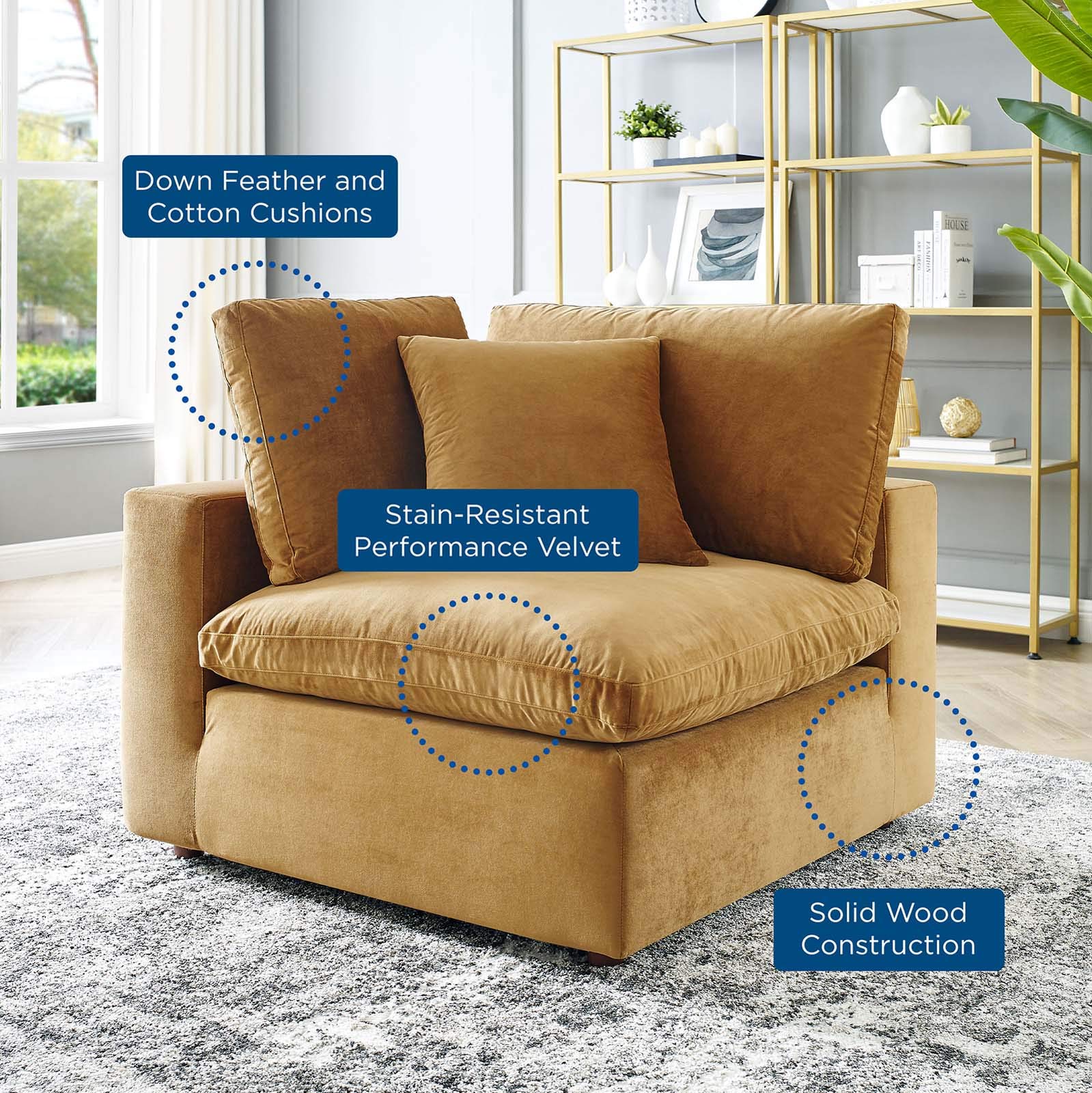 Modway Commix Down-Filled Overstuffed Performance Velvet Sectional Sofa Corner Chair - Luxurious Living Room Seating for Modern Homes & Apartments