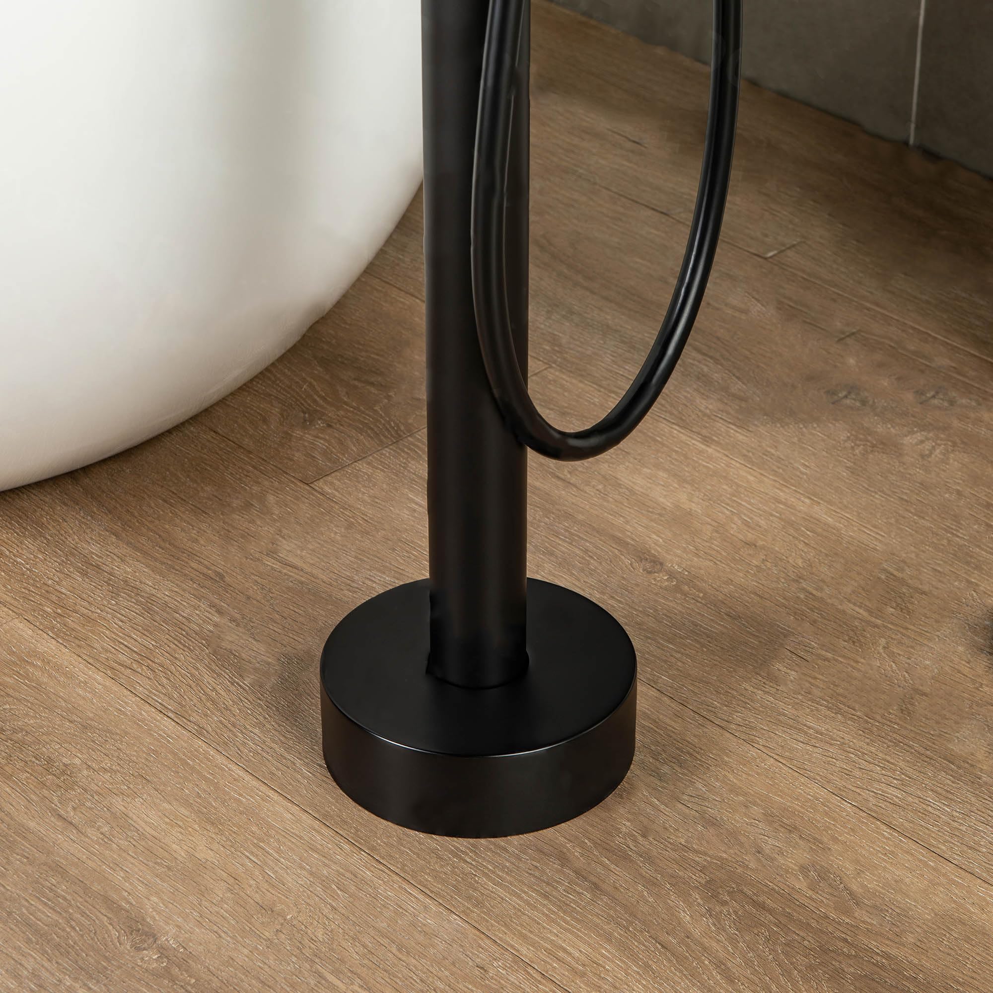 WOODBRIDGE F0006BL Matte Black Freestanding Tub Filler Faucet with Hand Shower - Contemporary Single Handle Floor Mount Bathtub Faucet for Modern Bathroom & Spa Relaxation
