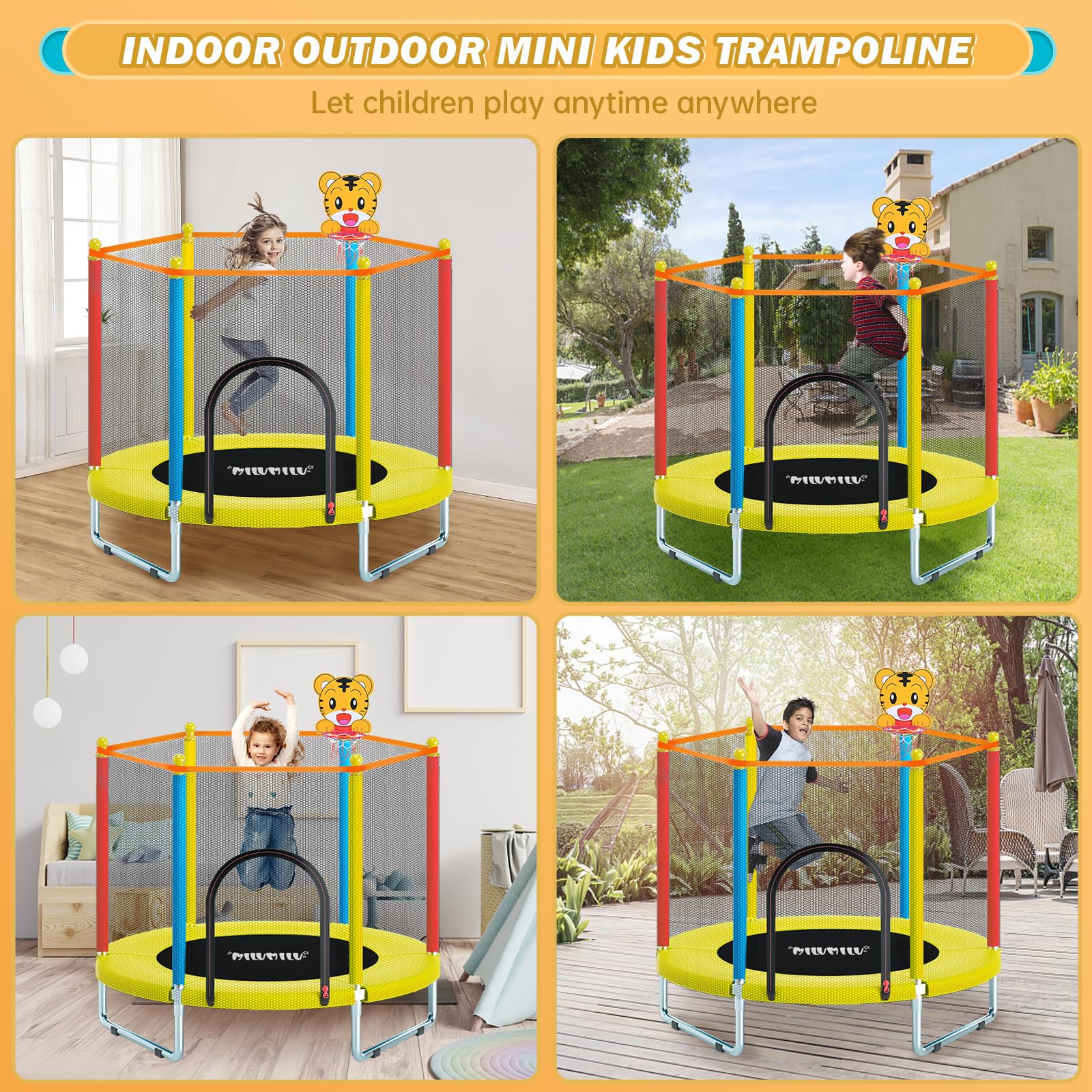 Best Kids Indoor Outdoor Trampoline with Safety Net & Basketball Hoop - MILUMILU Mini Toddler Trampoline for Boys & Girls - Perfect Birthday Gift for Active Play, Backyard Fun, and Exercise