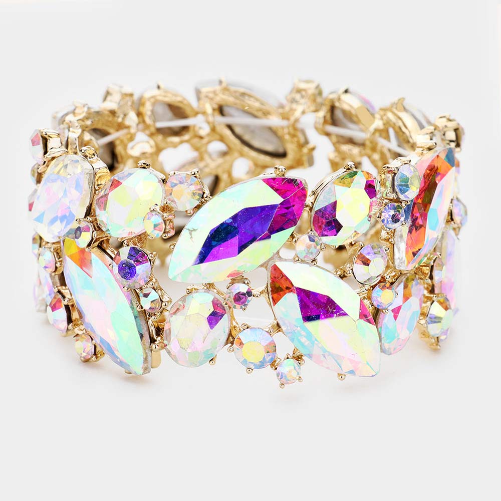 AB Crystal Marquise Stretch Statement Bracelet in Gold | Elegant Jewelry for Women | Perfect for Parties, Weddings & Special Occasions