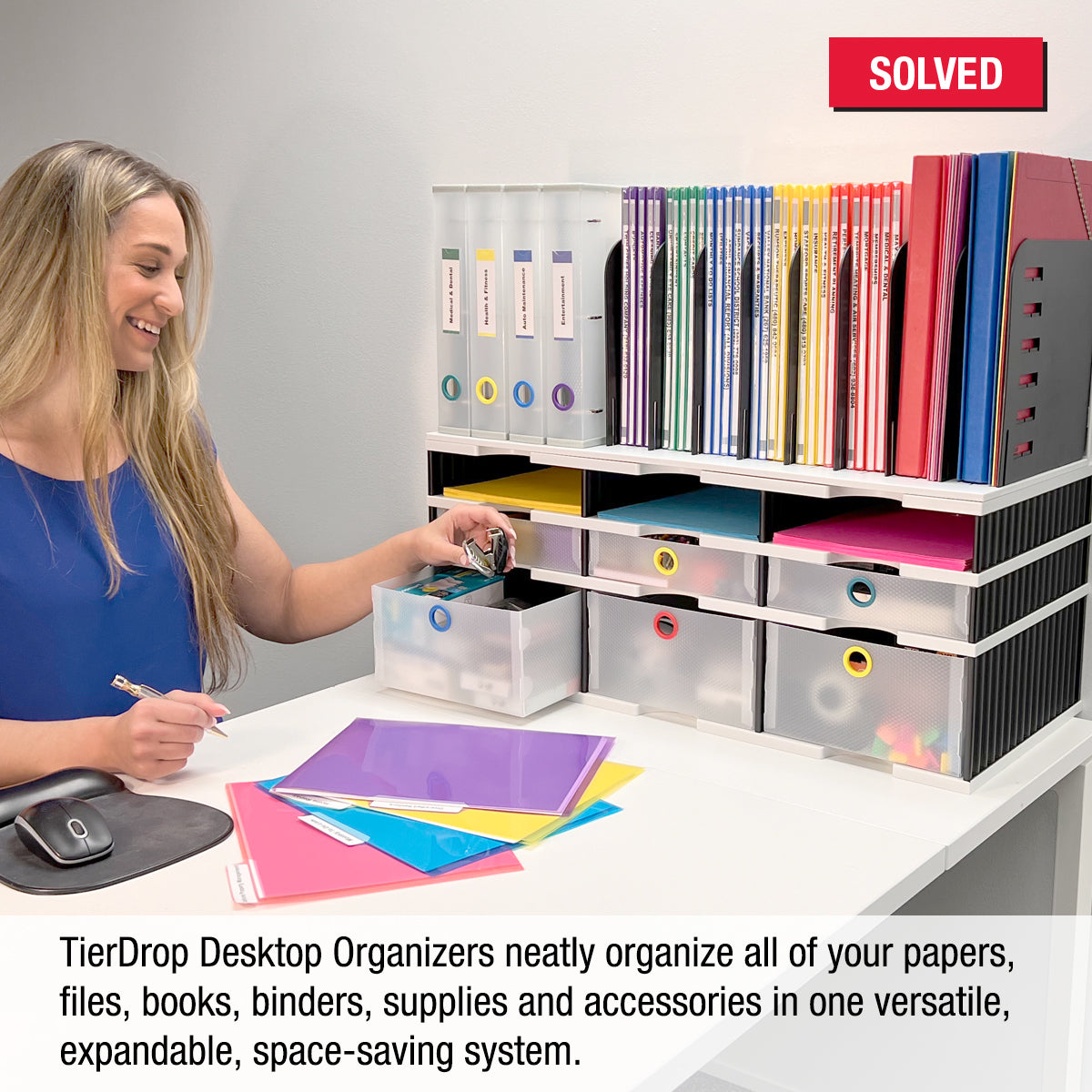 6-Slot Desktop Organizer with Riser Base - Vertical File Holder with 3 Storage & 3 Supply Drawers - Space Saving Office Desk Organizer for Documents, Binders & Supplies - Perfect for Home Office, Study Desk & Workspace Organization