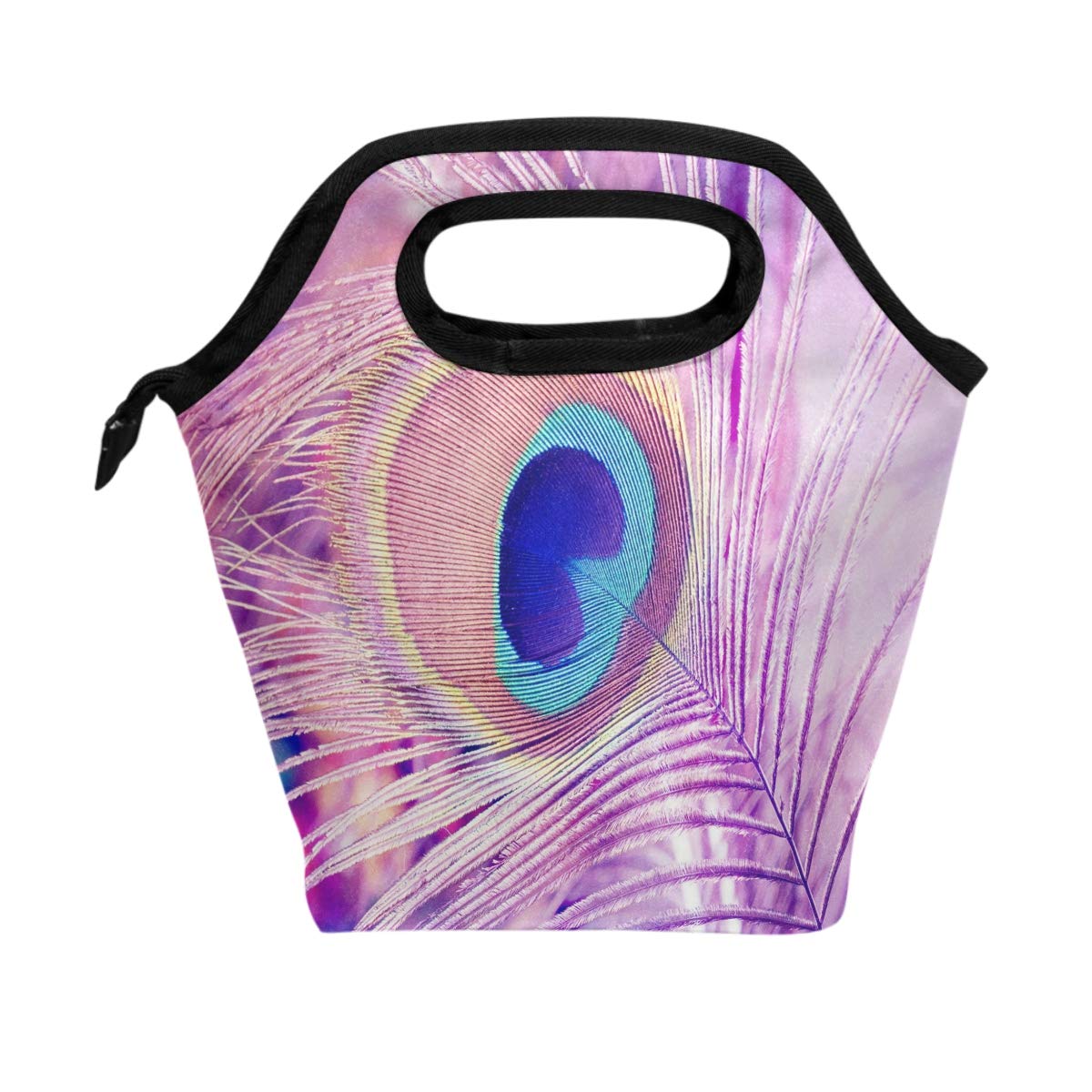 WOZO Insulated Lunch Bag - Purple Peacock Feather Design, Reusable Cooler Tote for School, Work & Outdoor Picnics | Perfect for Kids, Teens & Adults