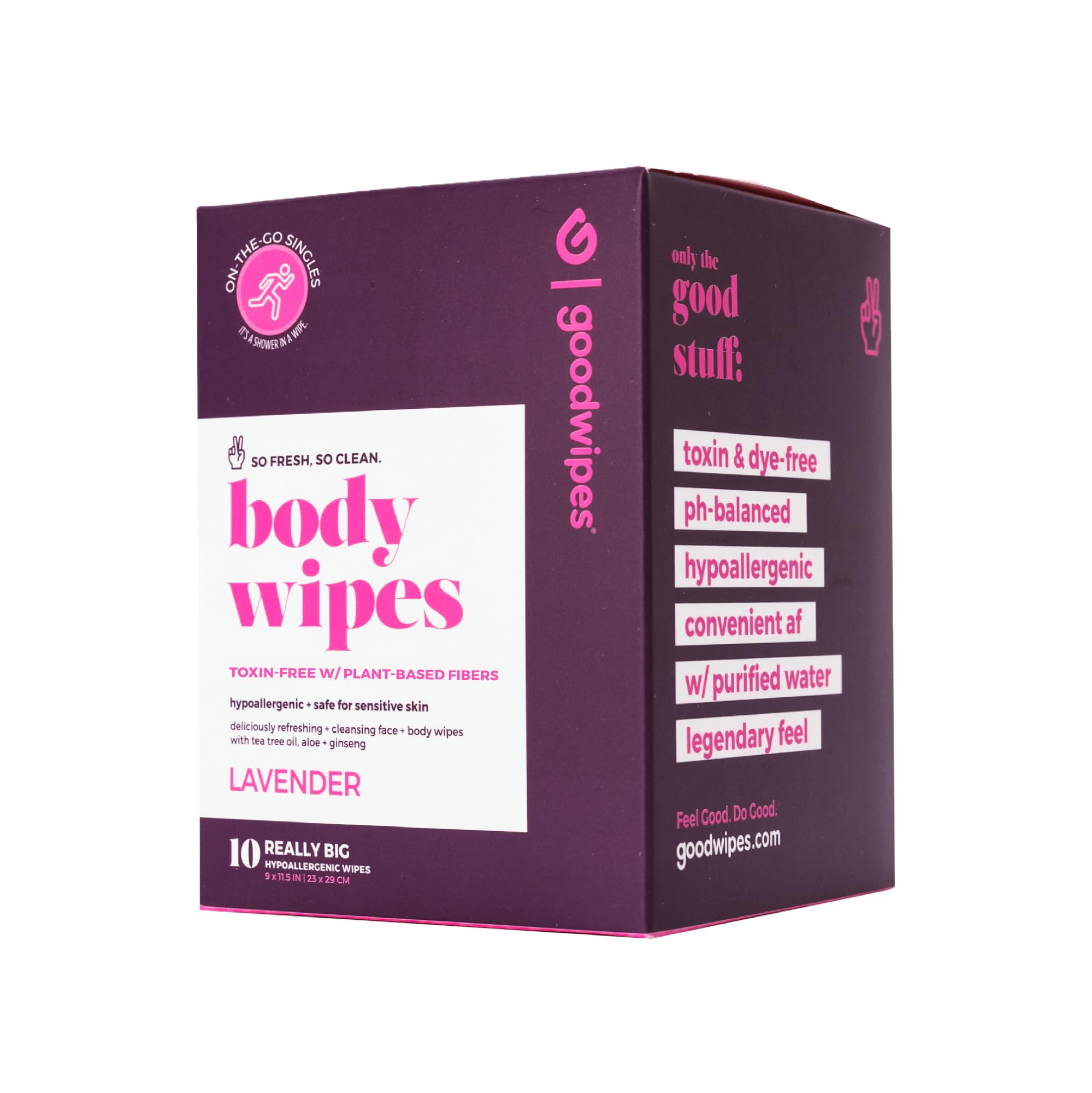 Goodwipes Lavender Body Wipes - Extra Large Aloe Vera Wipes for Face & Body | Plant-Based, Hypoallergenic Cleansing Wipes for Sweat & Odor Removal | 10 Count Pack | Perfect for Gym, Travel, Camping & Post-Workout Refreshment