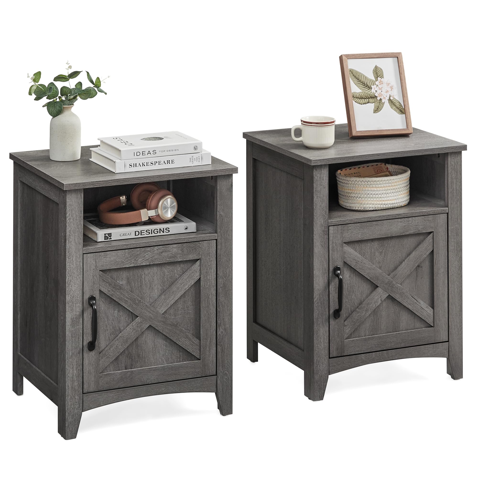 VASAGLE Farmhouse Nightstand with Barn Door - Set of 2, Rustic Bedside Table with Storage Shelf & Open Compartment, End Table for Bedroom, Living Room or Office - Misty Gray ULET809G68 | Perfect for Small Spaces & Home Decor