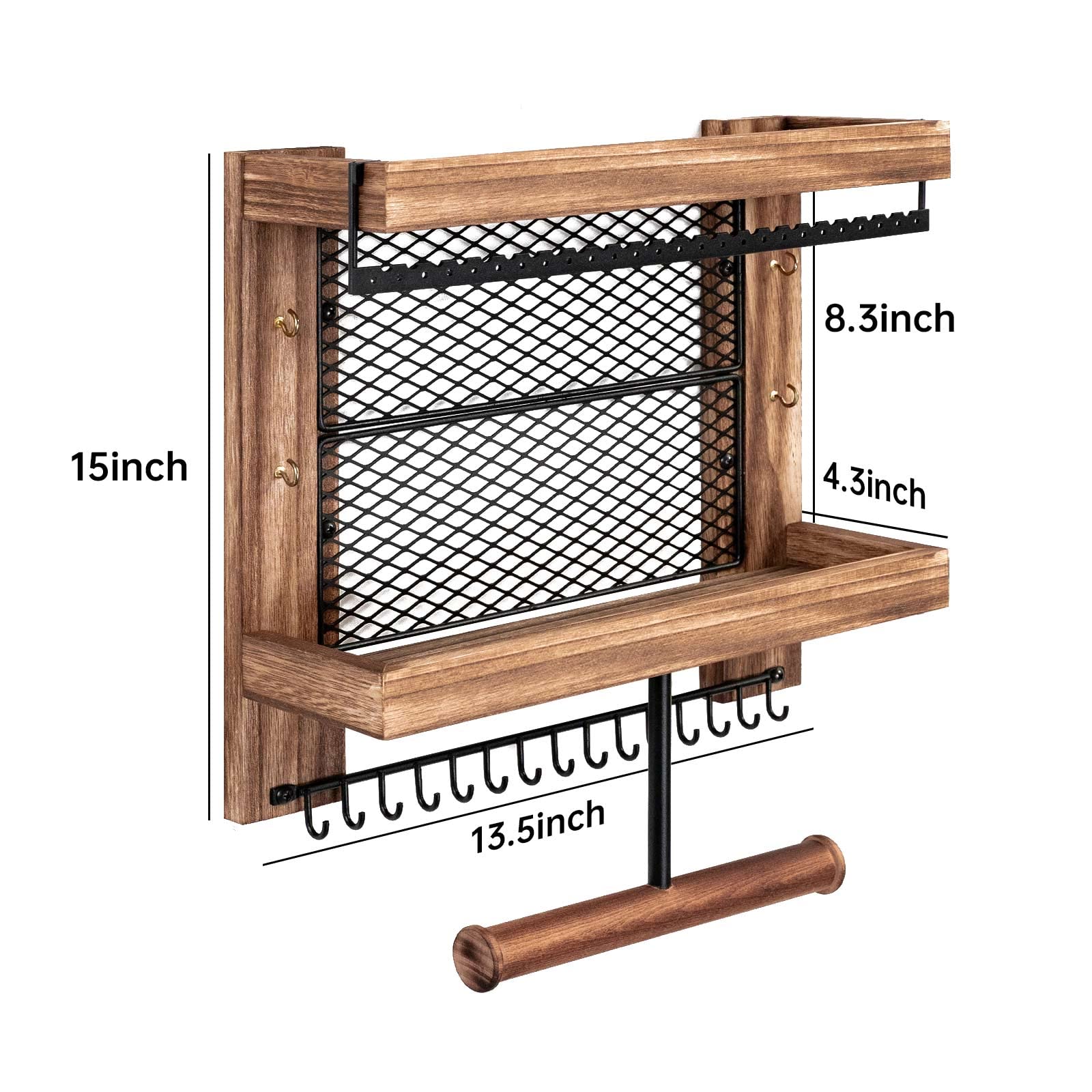 Pinzoveco Rustic Wood Hanging Jewelry Organizer Wall Mounted - Necklace Bracelet Earring Ring Holder for Bedroom, Closet & Bathroom Organization