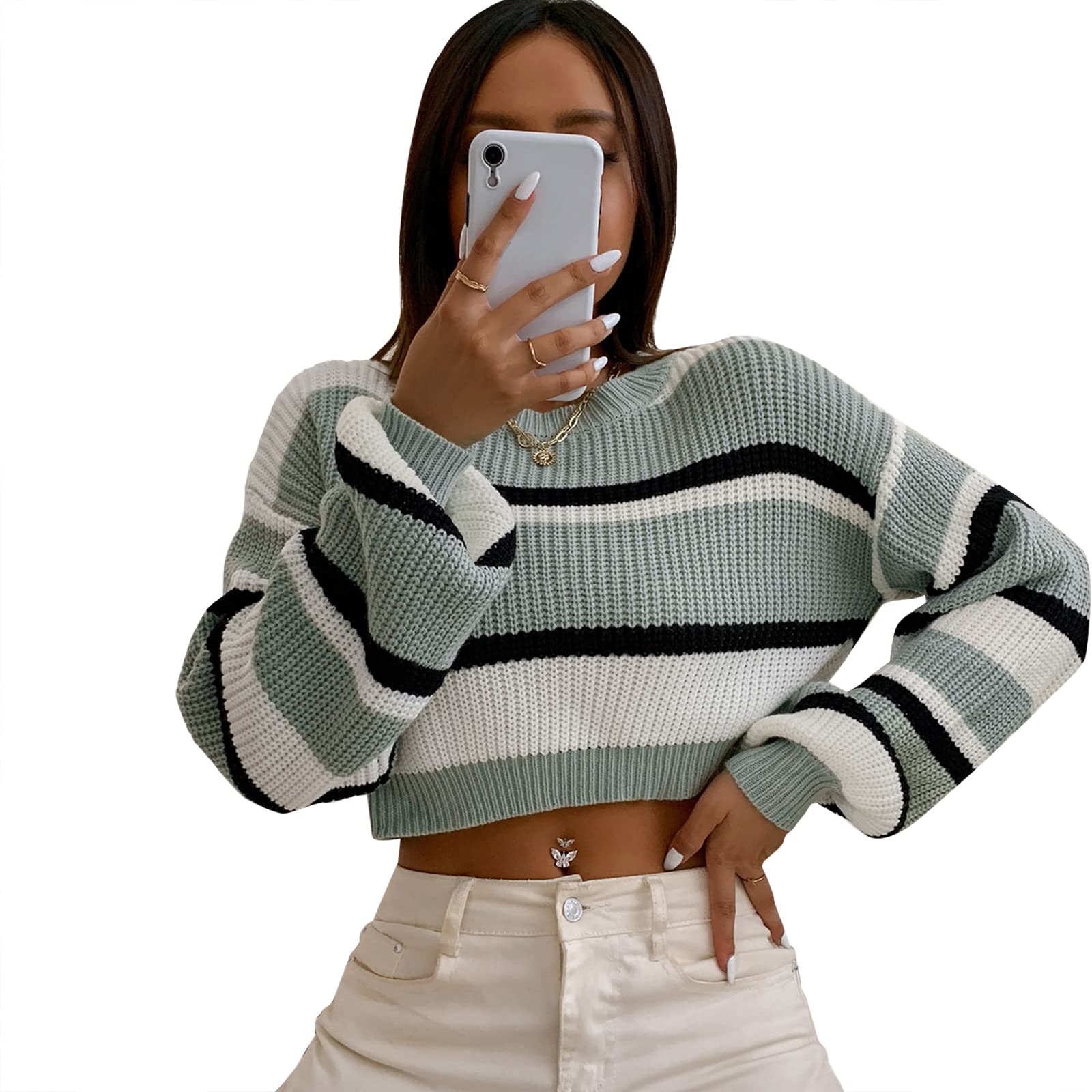 ZAFUL Women's Color Block Striped Sweater - Crew Neck Lantern Sleeve Cropped Knit Top | Casual Loose Fit Pullover for Fall & Winter | Perfect for Office, Dating & Weekend Outfits
