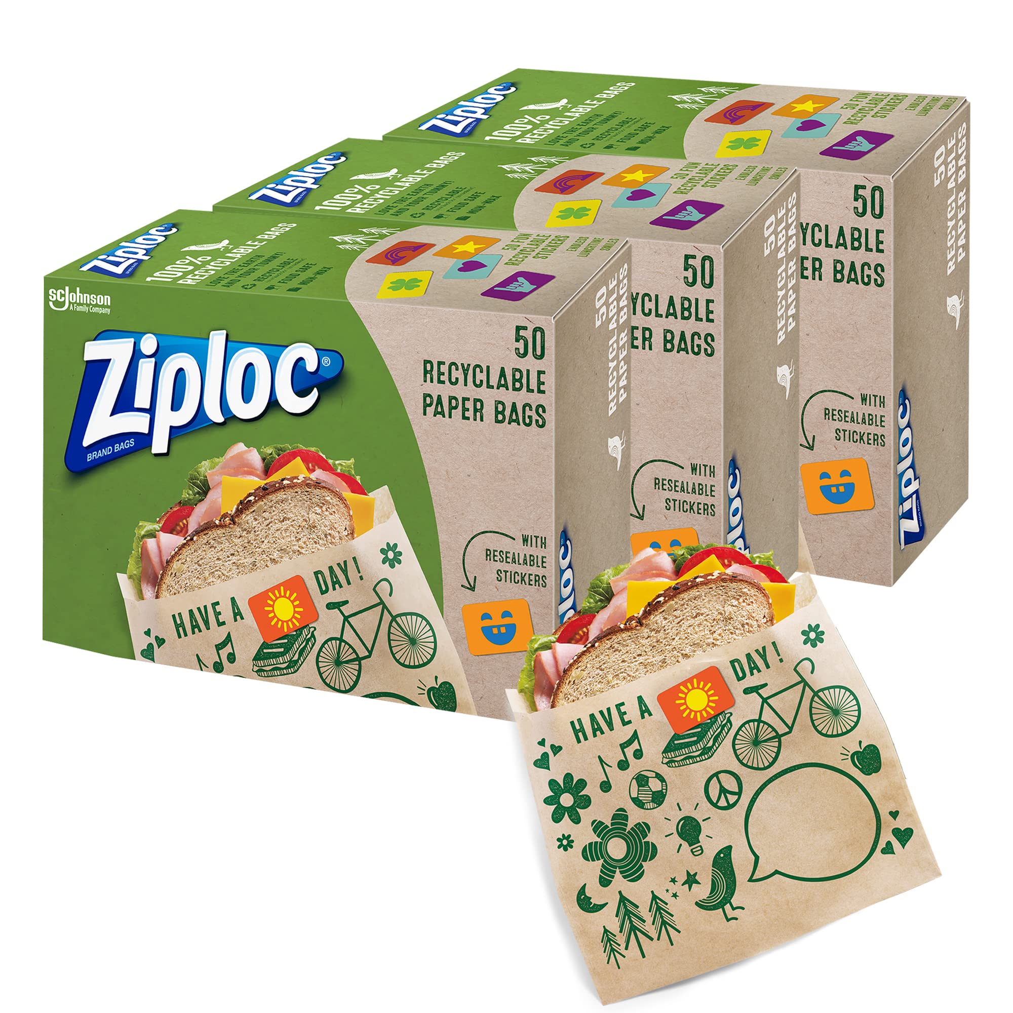 Eco-Friendly Ziploc Paper Sandwich and Snack Bags - 150 Count, Reusable & Sealable with Cute Patterns | Perfect for School Lunches, Picnics, and Food Storage