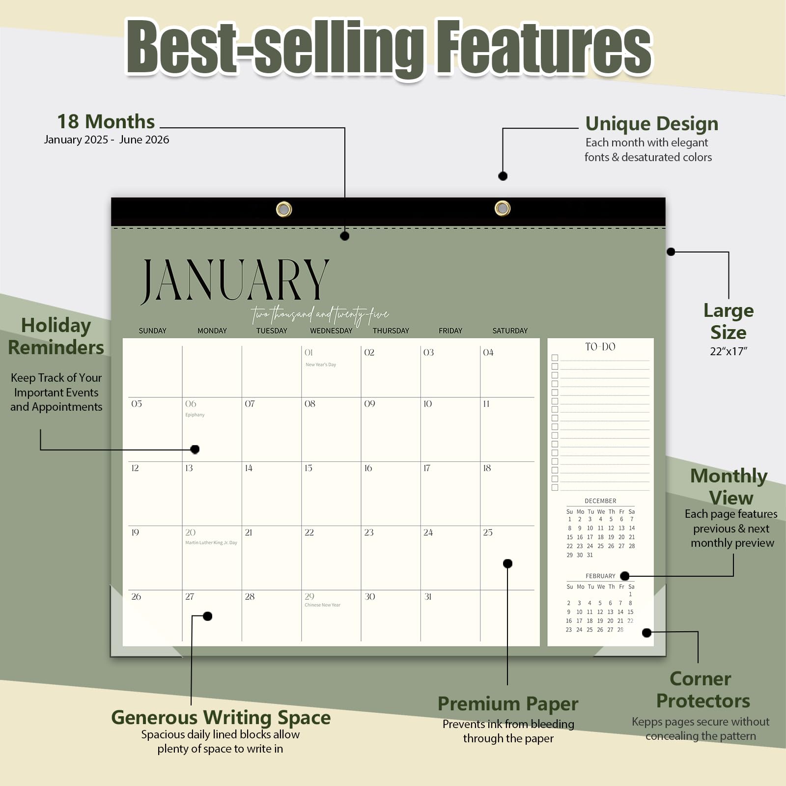 Guasslee 2025-2026 Large 18-Month Desk & Wall Calendar (Jan 2025 - June 2026) - 17