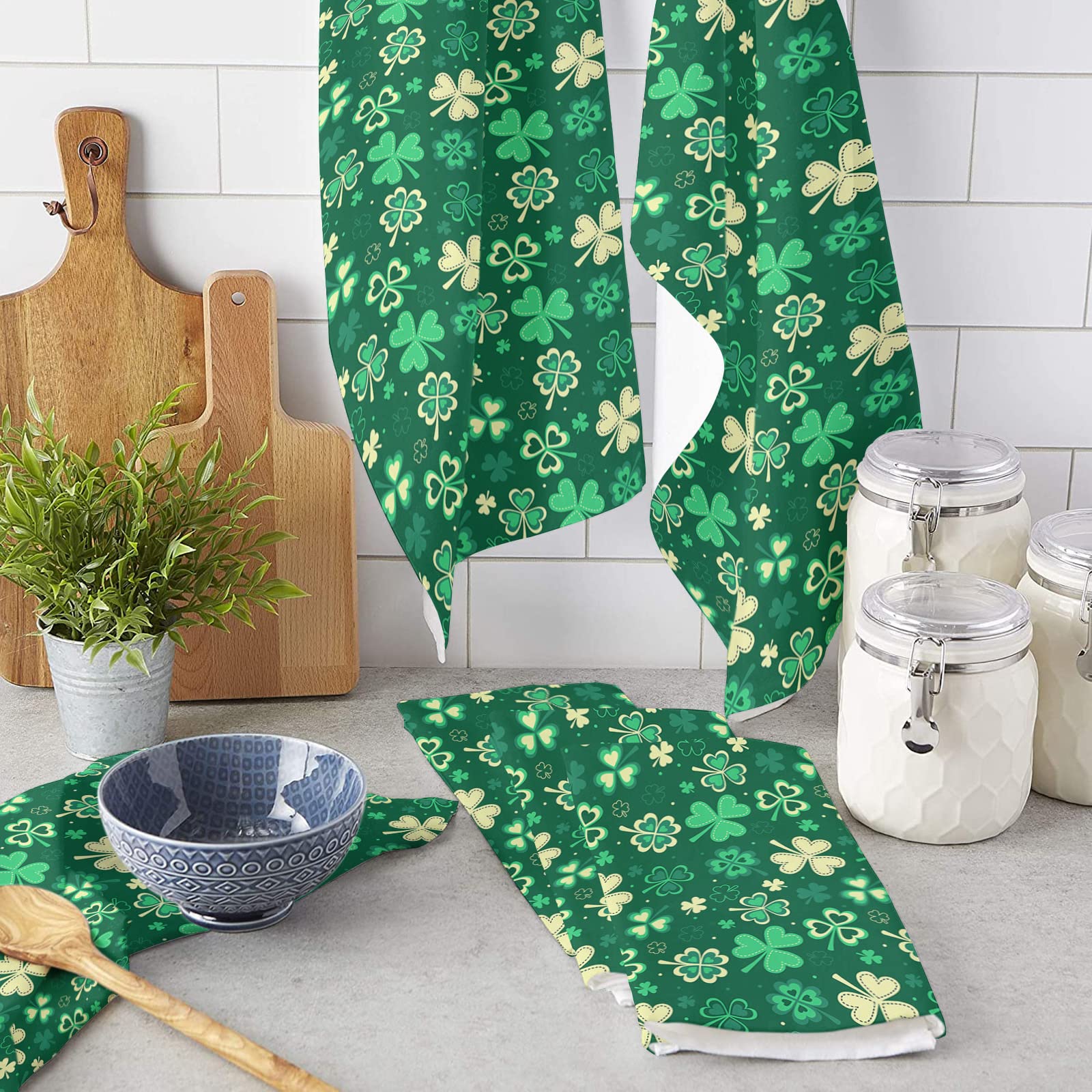 Smile Sunflower & St. Patrick's Day Shamrock Kitchen Towels Set - 18x28 Inch Absorbent Reusable Dish Cloths for Cleaning, Drying Dishes - Perfect for Kitchen, Bar, Tea Time & Holiday Decor