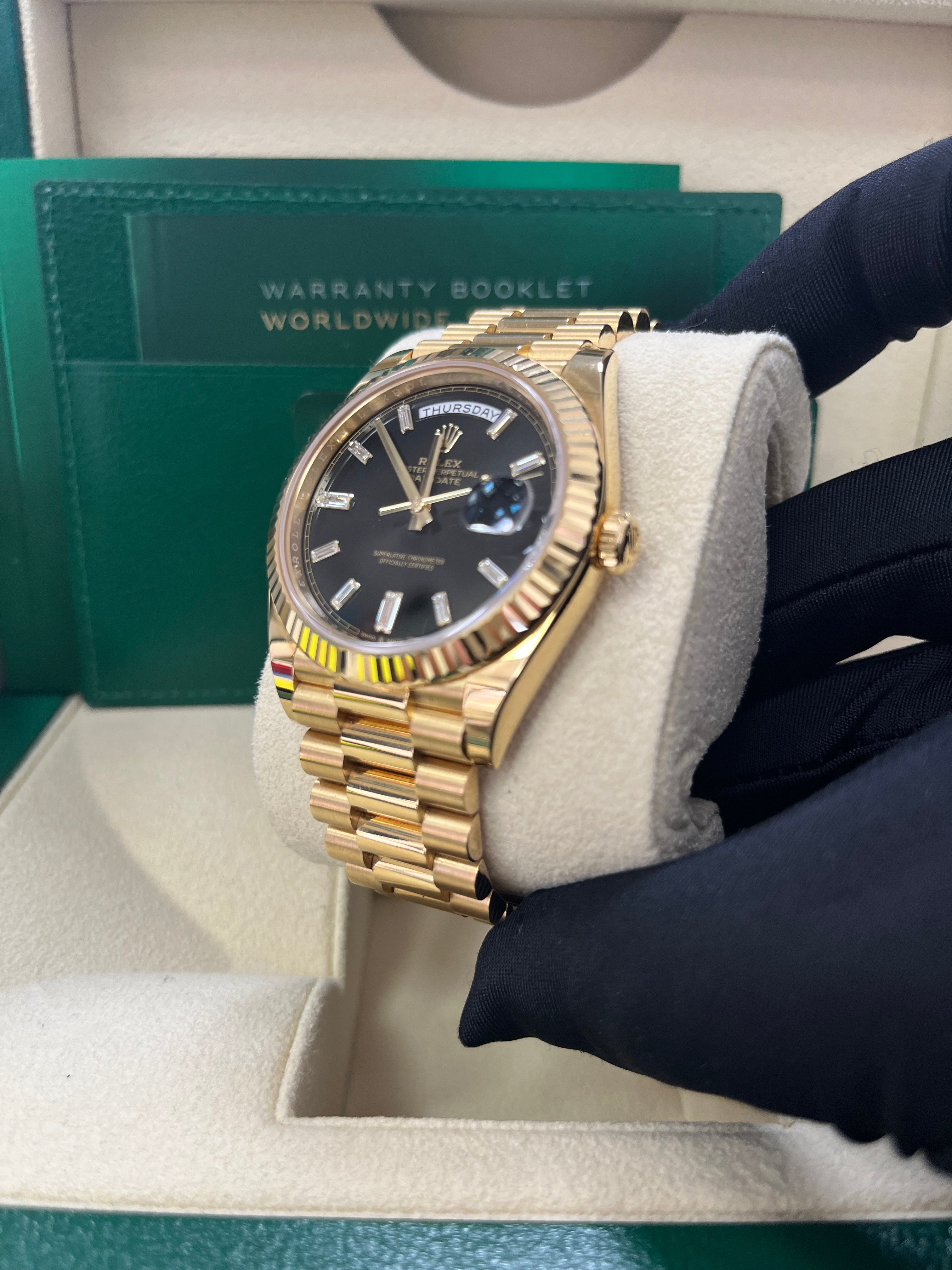 Rolex Day Date 40 18k Yellow Gold Watch with Baguette Diamond Dial & Fluted Bezel (Ref# 228238) - Luxury Timepiece for Business Meetings, Formal Events & Special Occasions