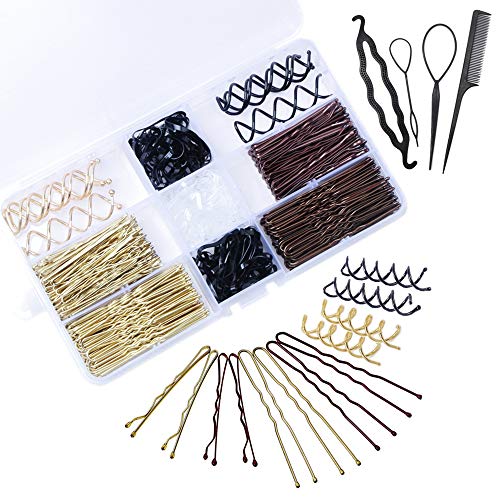 360 Pcs Hair Clips Set - Bobby Pins, U-Shaped Pins, Spiral Spin Pins, 150 Rubber Hair Bands & Topsy Tail Tool with Storage Box for Women & Girls - Perfect for Styling, Braiding & Updos