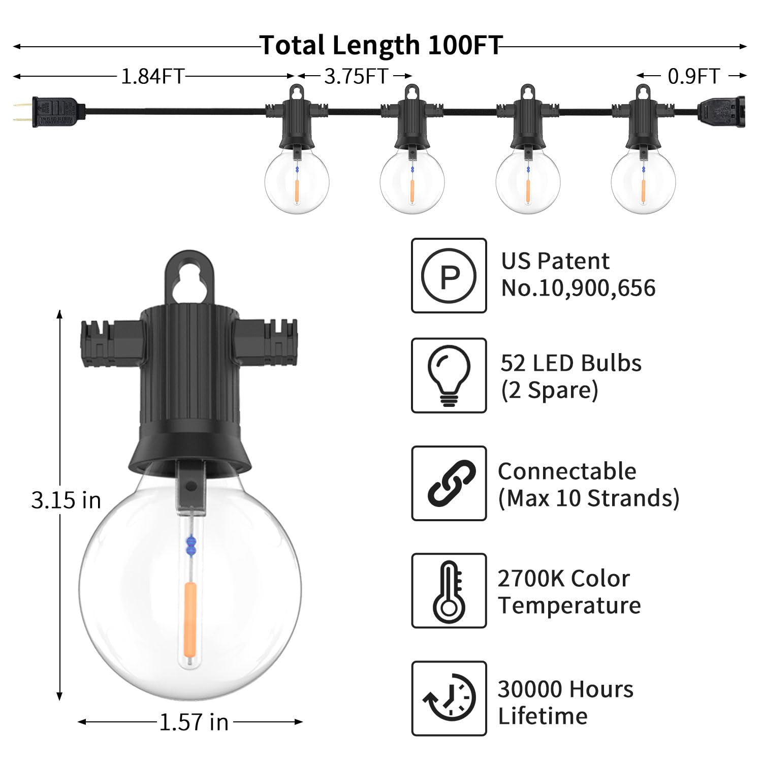 ZOTOYI 100 FT Outdoor String Lights Waterproof - G40 Globe LED Patio Lights with 52 Shatterproof Bulbs (2 Spare) - Perfect for Backyard, Porch, Cafe, Garden & Wedding Decorations