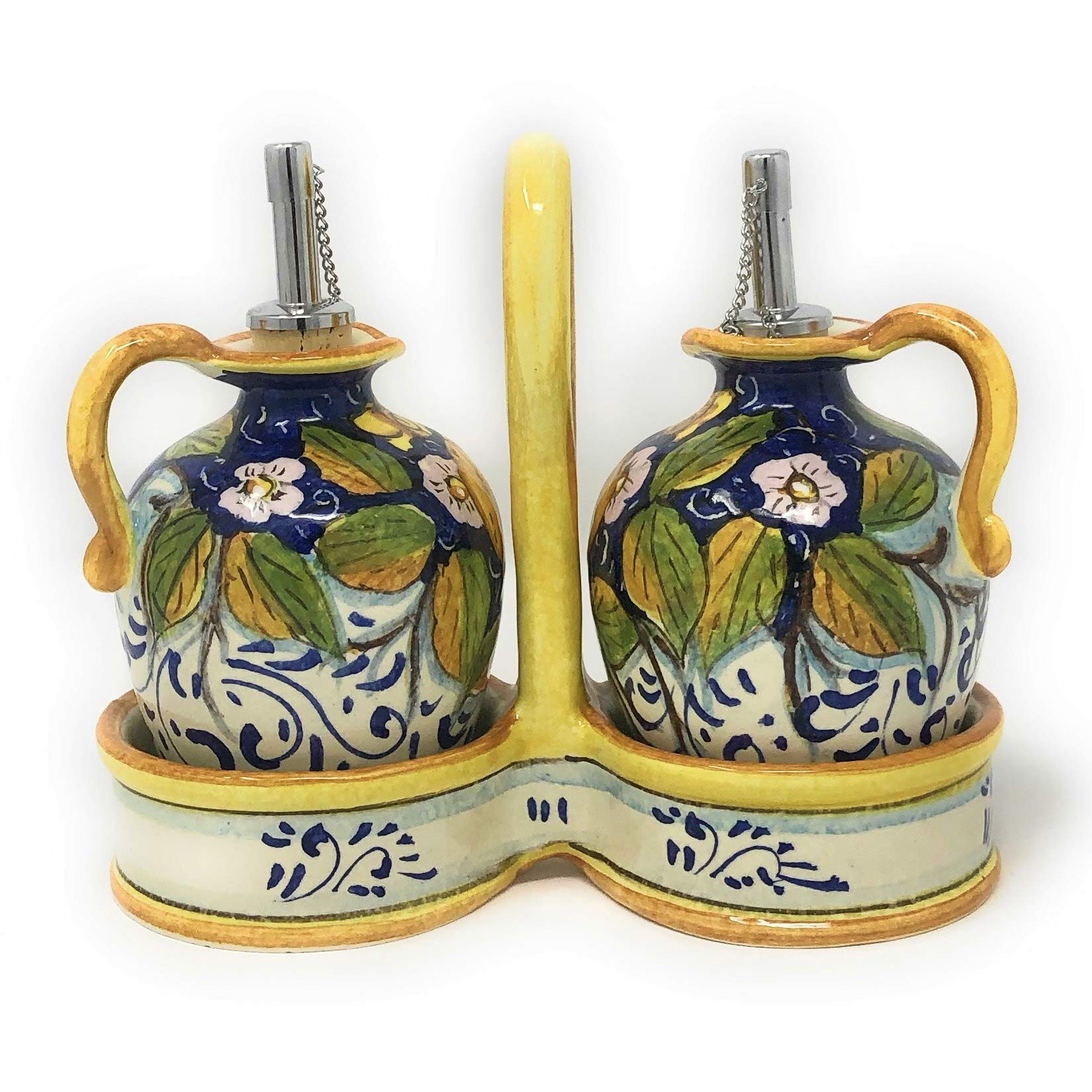 Italian Hand-Painted Ceramic Oil and Vinegar Cruet Set - Tuscan Art Pottery with Three Lemons Design | CERAMICHE D'ARTE PARRINI | Made in Italy | Perfect for Kitchen, Dining Table & Gift Giving