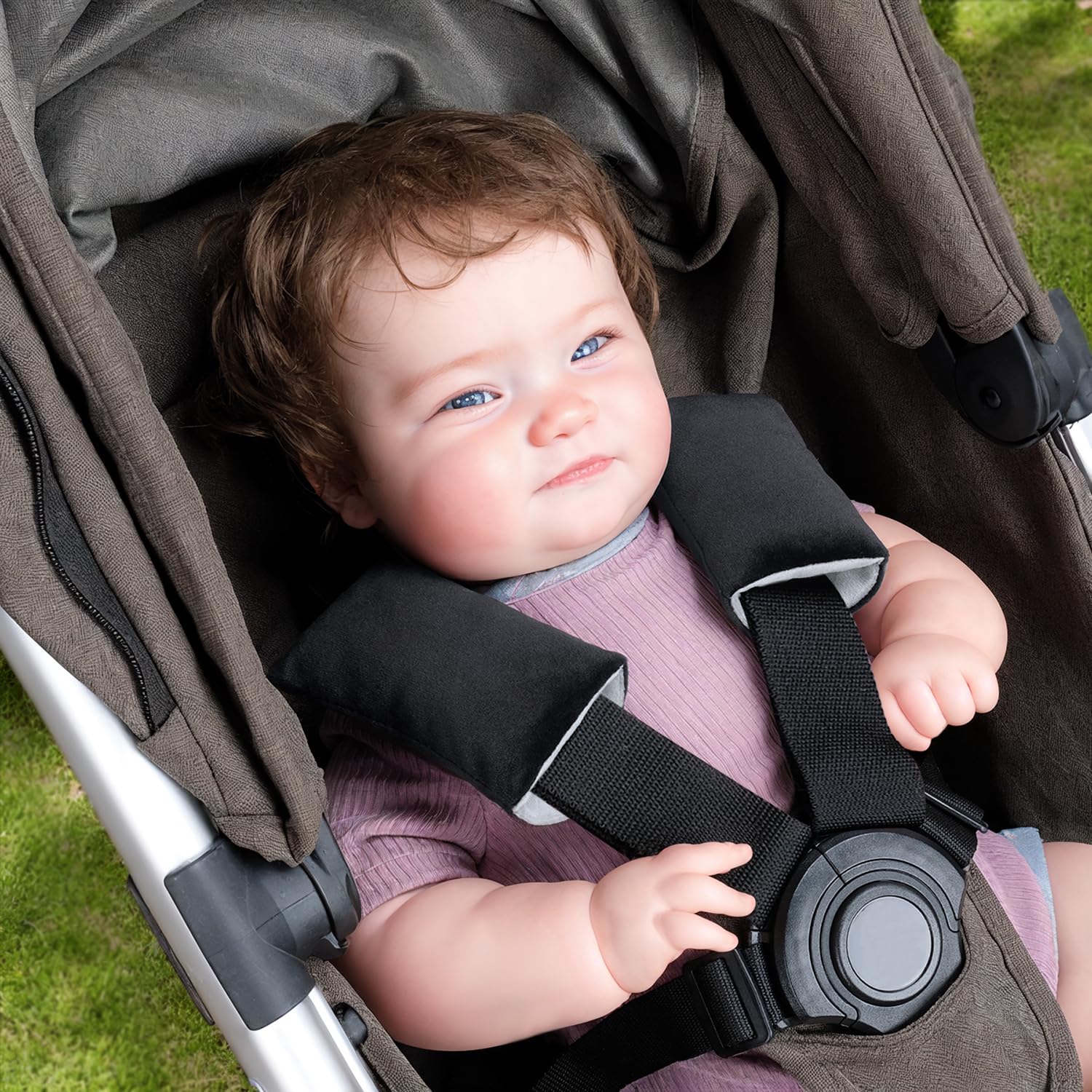 COOLBEBE Soft Car Seat Shoulder Pads for Baby & Kids - Breathable Seat Belt Covers for Car Seats, Strollers, High Chairs (Black/Grey) - Comfortable Protection for Long Rides & Daily Use