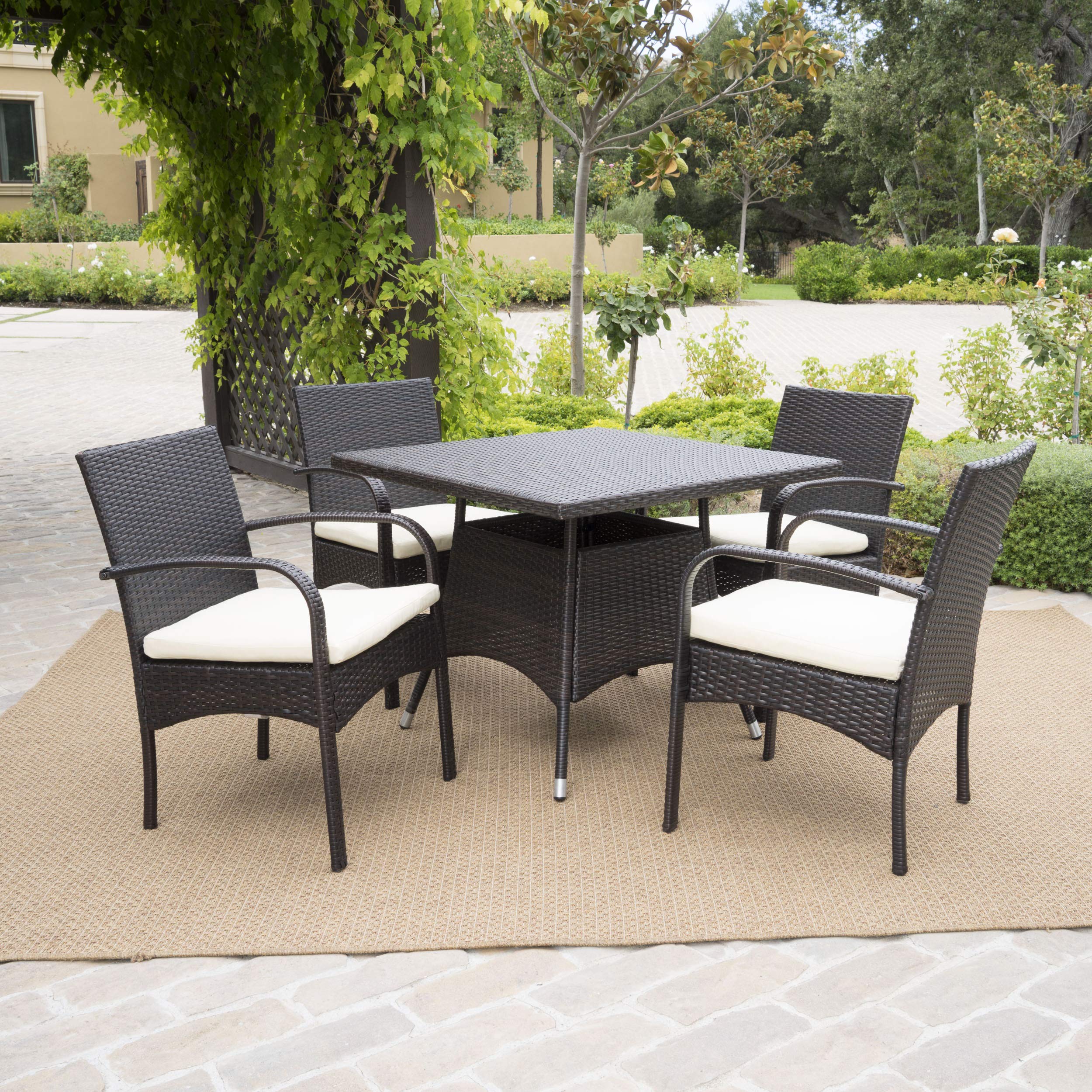 Christopher Knight Home Patterson 5-Piece Outdoor Wicker Dining Set - All-Weather Rattan Furniture with Cushions, Brown Patio Set for Garden, Poolside & Backyard Dining