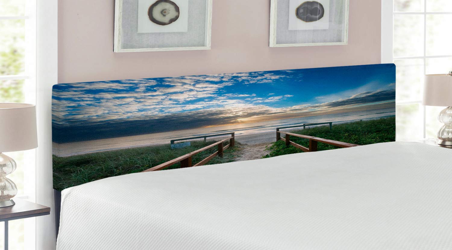 Ambesonne King Size Upholstered Beach Headboard - Decorative Metal Bed Frame with Memory Foam, Sunrise Cloudy Weather Design, Multicolor | Perfect for Coastal Bedroom Decor & Vacation Home Styling
