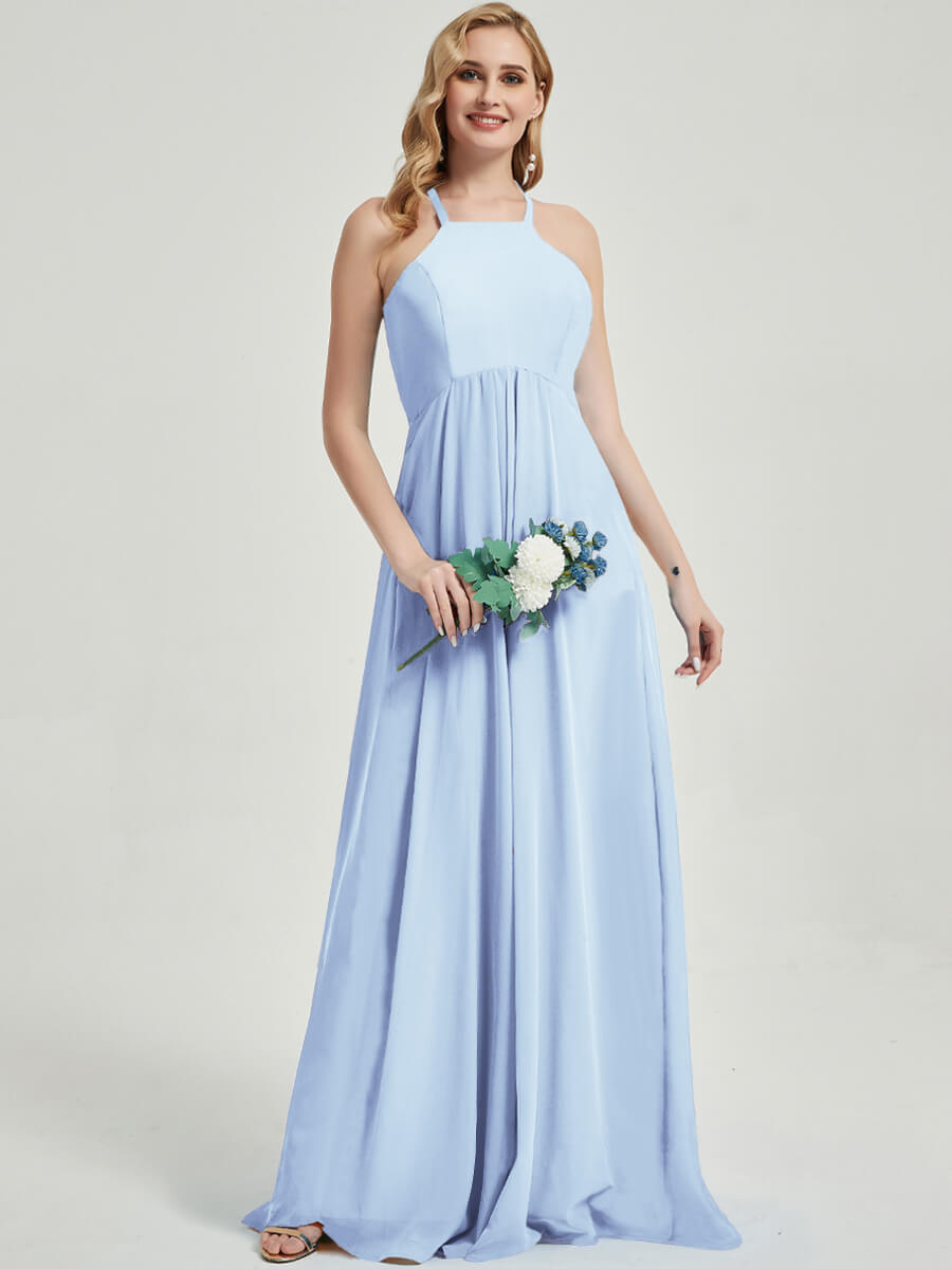Elegant Cornflower Blue Halter Neck Empire Waist Pleated Backless Chiffon Bridesmaid Dress - Perfect for Weddings, Formal Events & Special Occasions