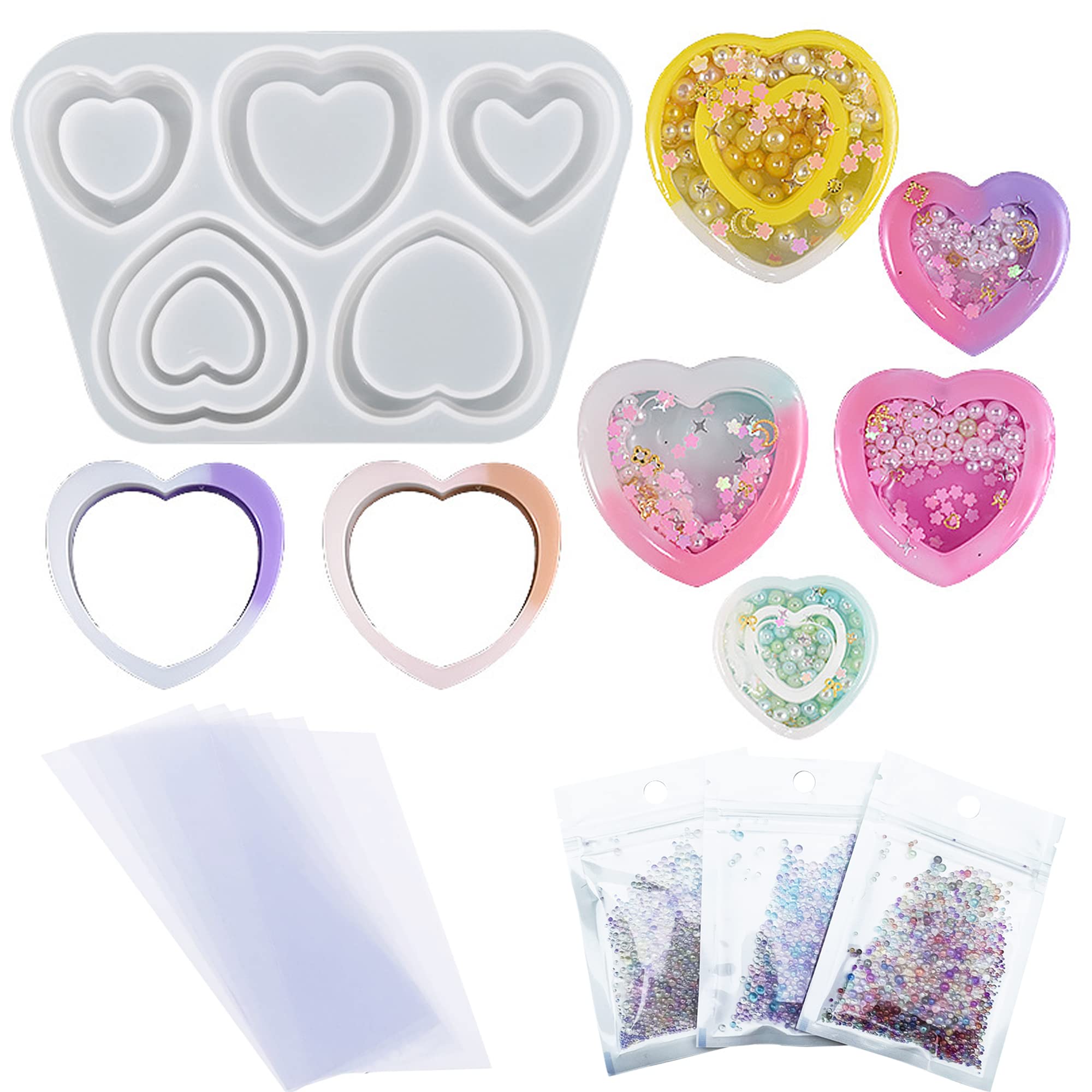 Premium Heart-Shaped Resin Shaker Silicone Molds for Jewelry Making - DIY Epoxy Casting Molds with PVC Sheets & Colorful Beads - Perfect for Handmade Pendants, Keychains & Resin Art Projects