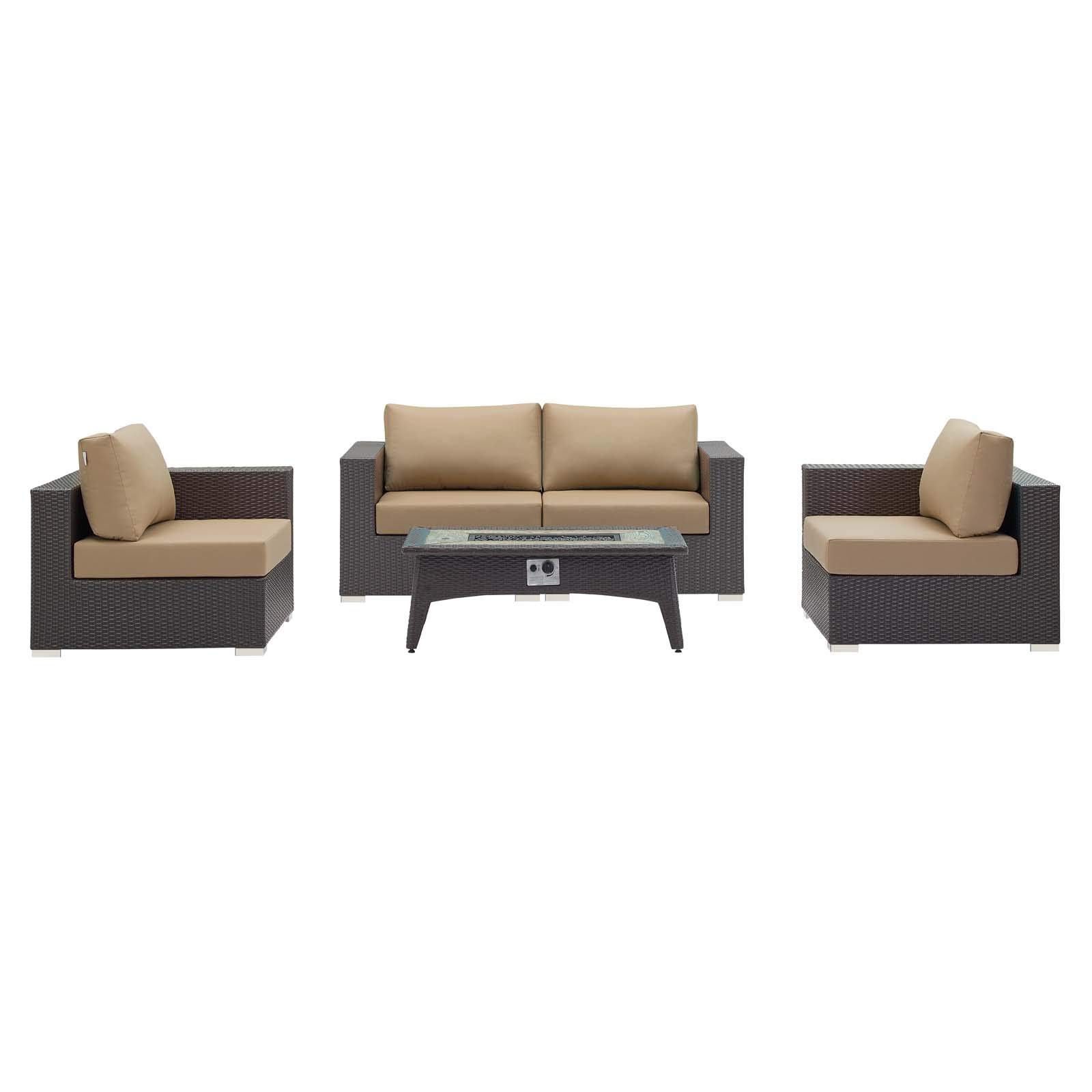 Modern Outdoor Patio Sofa Set with Fire Pit - Light Brown Rattan Wicker Furniture for Cozy Backyard Gatherings