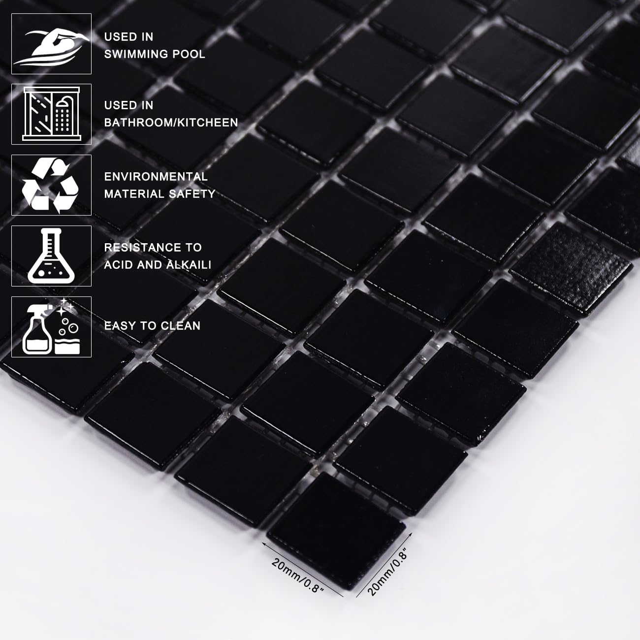 11.5sqft Black Glass Mosaic Tiles - Premium Bathroom Floor & Wall Tile, Kitchen Backsplash, Shower, Steam Room, Fireplace Accent - Ideal for Homes, Restaurants, Hotels, Pools (10pcs, Black) - Waterproof & Durable for High-Moisture Areas