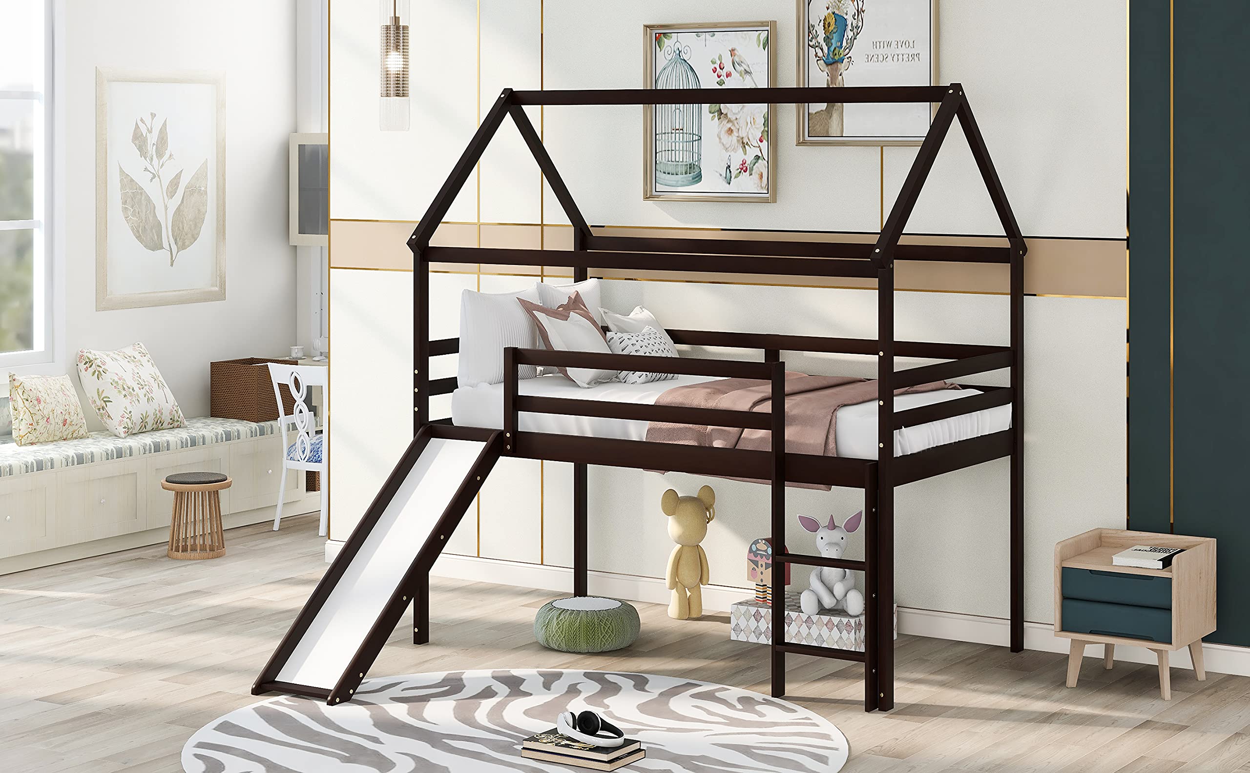 Twin Size Wooden Loft Bed with Slide, Roof & Ladder - Solid Wood House Bed Frame for Kids & Teens - No Box Spring Needed (Espresso) - Perfect for Small Bedrooms, Playrooms & Kids' Sleepovers