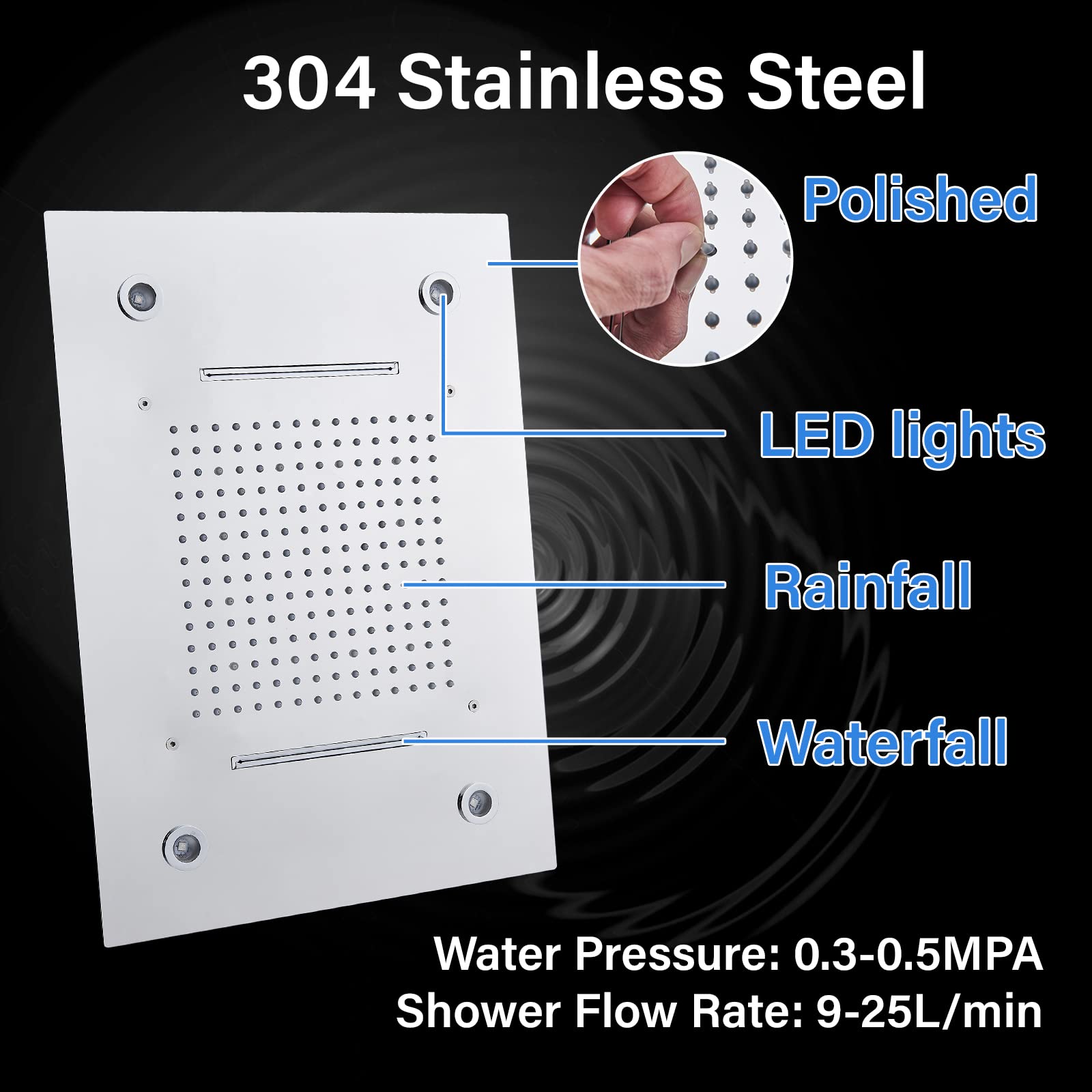 Suguword 20 X 14 Inch LED Square Rain Shower Head - High Pressure Ceiling Mounted Bathroom Shower System with Waterfall Rainfall Function, Chrome Finish for Luxurious Spa-Like Experience at Home