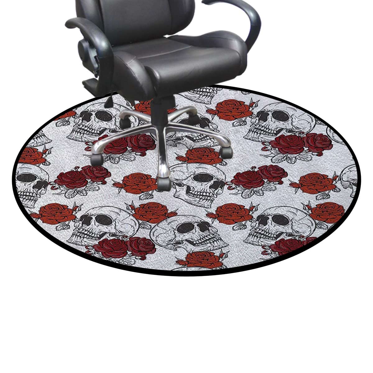 Grey Round Office Chair Mat with Retro Skeleton & Rose Design - 43.3 Inch Diameter Hardwood Floor Protector - Halloween Themed Desk Chair Cushion & Skull Decor for Home Office, Gaming Setup, and Workspace