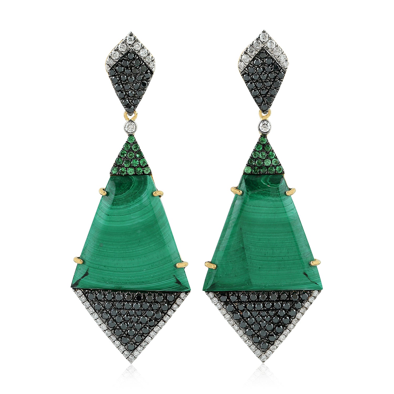 Exquisite Malachite & Tsavorite Pave Dangle Earrings with Black & White Diamonds in Gold - Perfect for Evening Parties, Weddings & Special Occasions