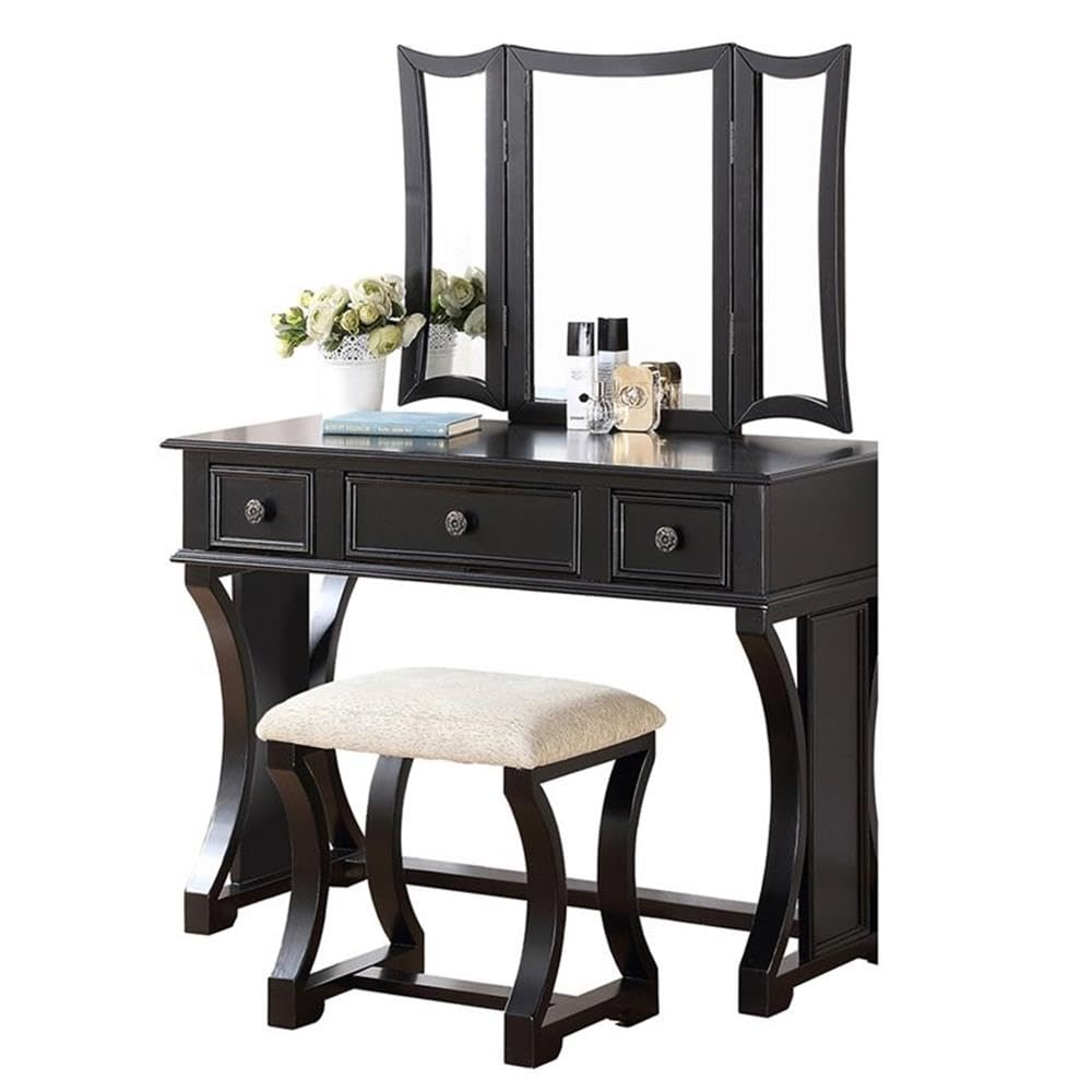 BOWERY HILL Black Wood Vanity Set with Stool & Mirror - Modern Dressing Table for Bedroom, Bathroom, or Makeup Area