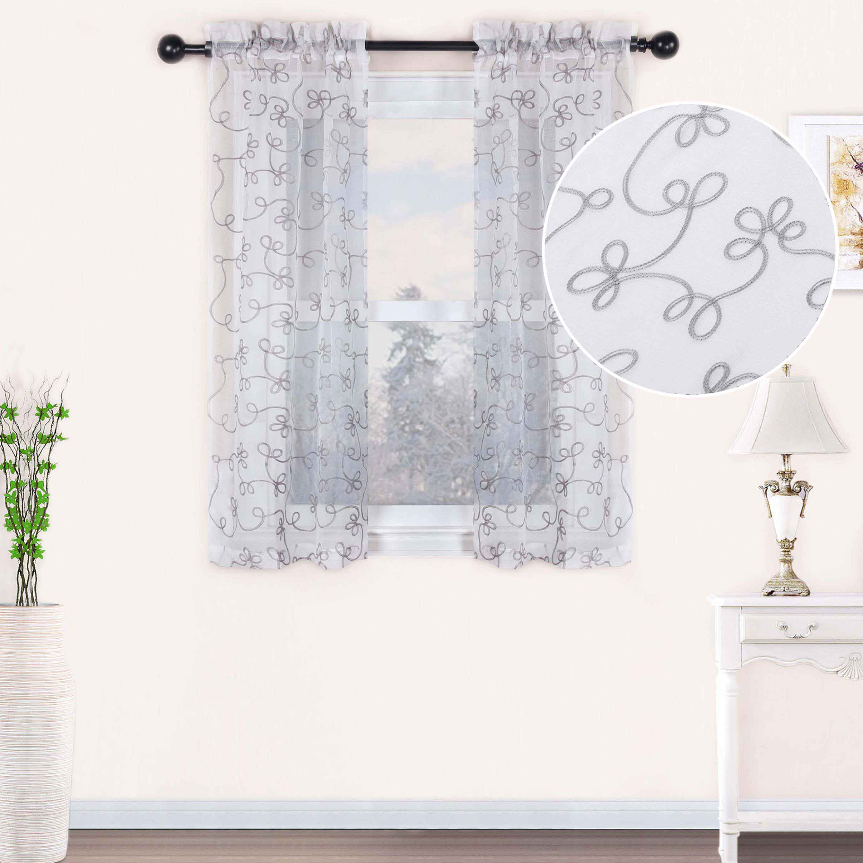 Embroidered Lightweight Sheer Floral Scroll Curtain Panel Set - Elegant Window Treatment for Living Room, Bedroom & Nursery Decor
