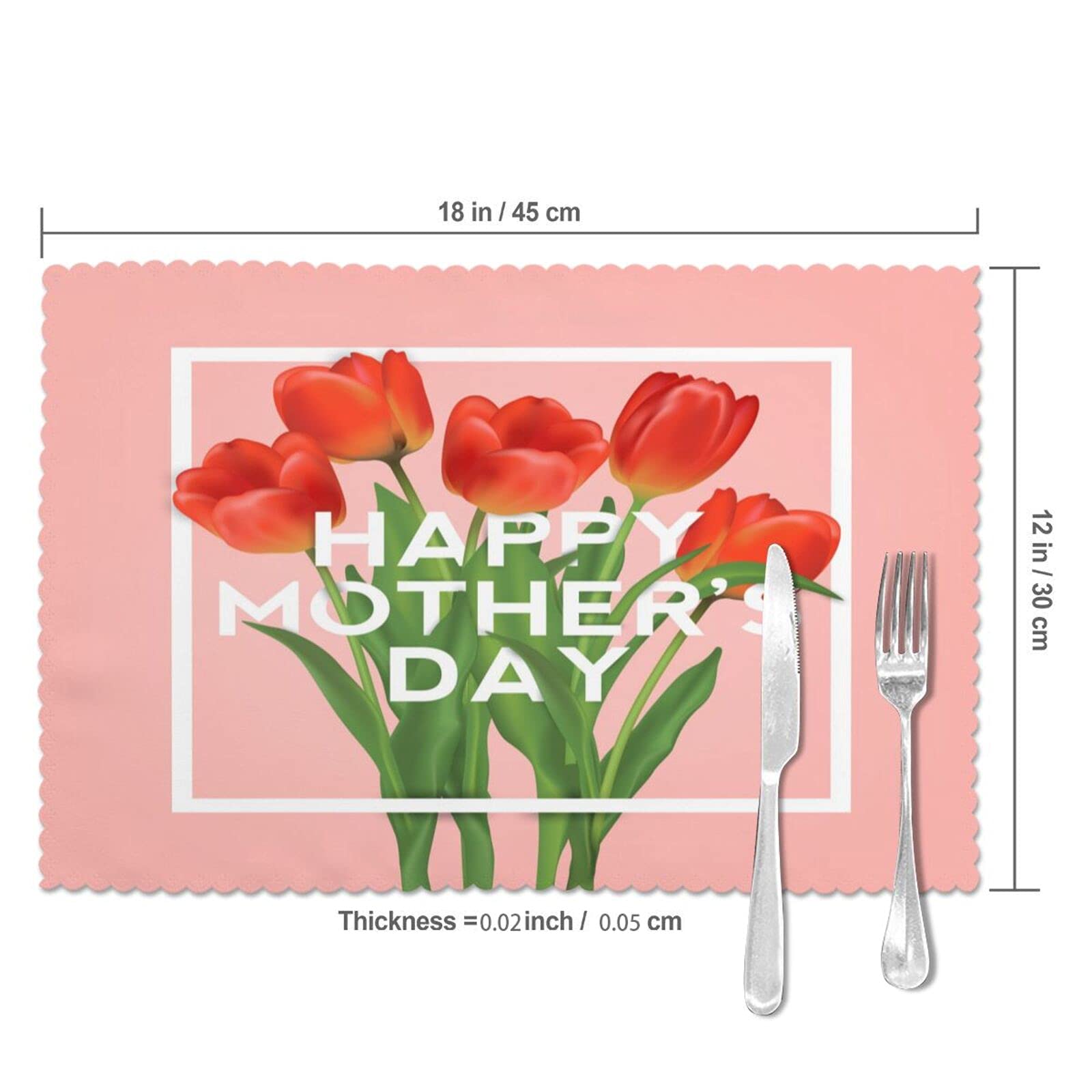 Happy Mother's Day Placemats Set of 4 - Red Tulip Floral Design 12x18 Inch Washable & Heat-Resistant Table Mats for Kitchen Dining - Perfect for Family Meals, Holiday Decor, and Home Entertaining