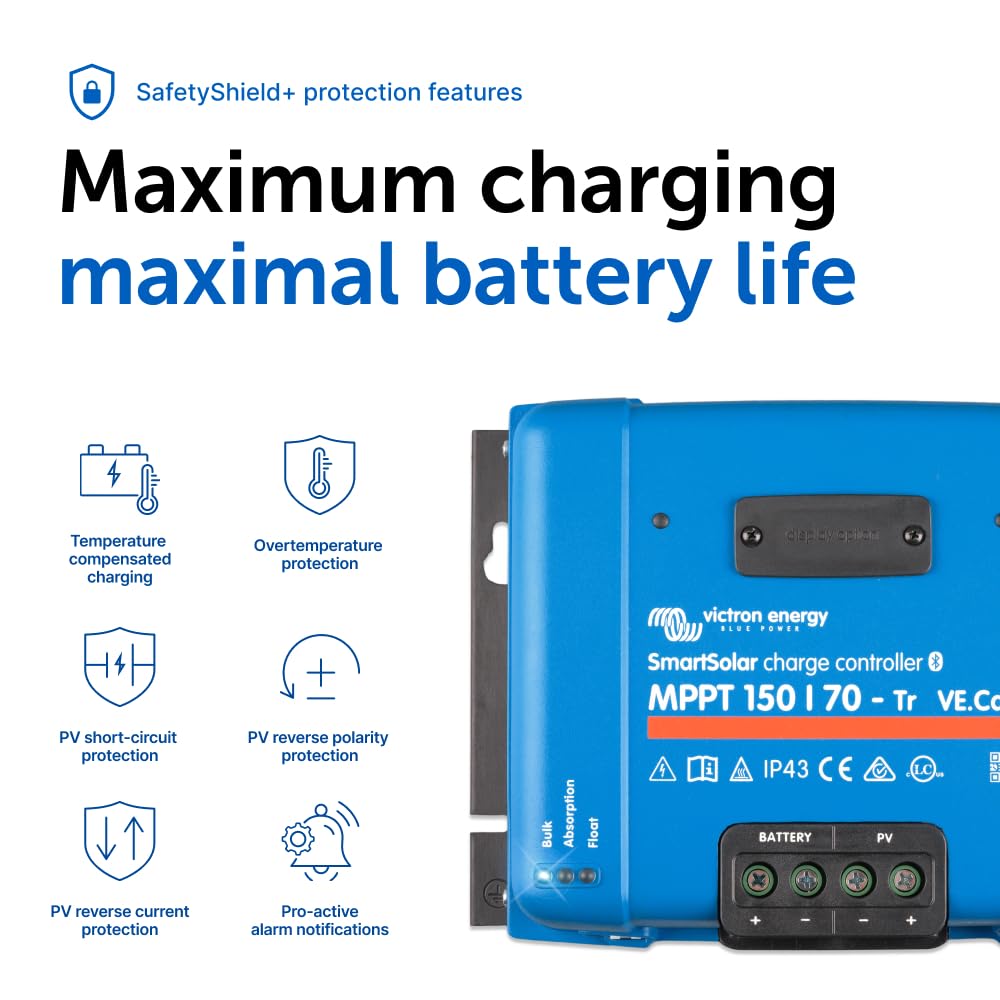 Victron Energy SmartSolar MPPT 150V 70A Solar Charge Controller with Bluetooth - 12/24/36/48V Regulator for Solar Panel Systems - Perfect for Off-Grid Homes, RVs & Marine Applications