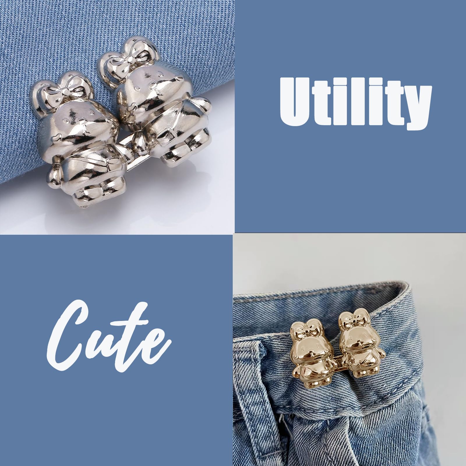 4 Pack Cute Rabbit Denim Button Pins - No Sew Adjustable Jean Buttons for Pants, Skirts & Clothes (Gold & Silver) | Fashion Accessories for DIY Clothing Repair & Outfit Customization
