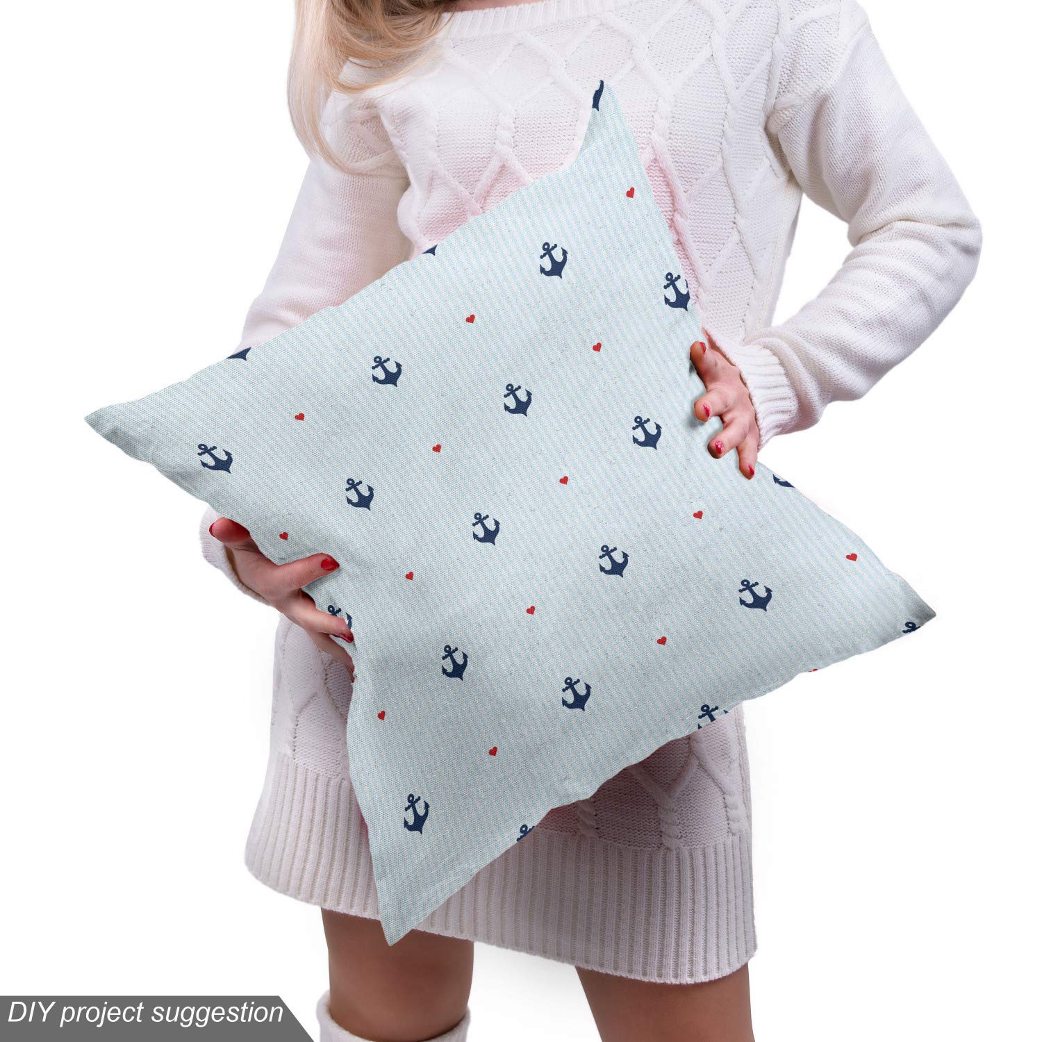 Ambesonne Anchor Fabric by The Yard - Romantic Nautical Upholstery Fabric with Blue Anchors & Red Hearts - 5 Yards Pale Blue Dark Blue Red - Perfect for DIY Home Decor, Curtains, Pillows, and Coastal Themed Projects