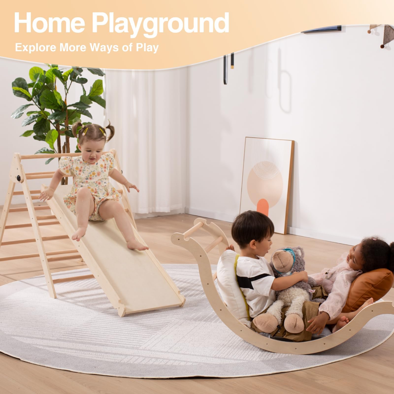 5-in-1 Foldable Pikler Triangle Set with Slide & Climbing Arch - Montessori Wooden Climbing Toy for Toddlers Ages 3-6 - Indoor Jungle Gym for Kids - Perfect for Playrooms, Daycares & Home Play Areas