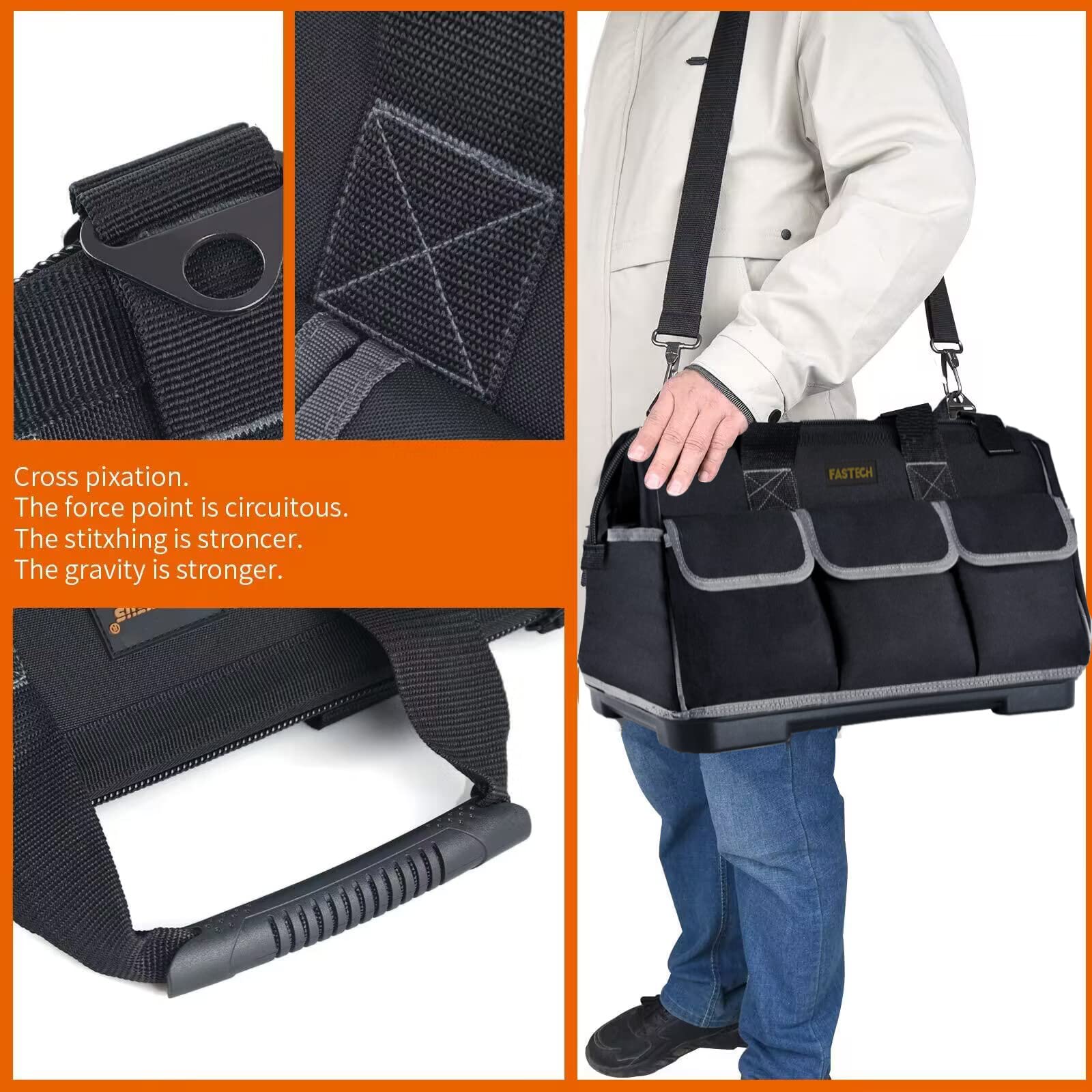 22-Inch Wide Mouth Waterproof Tool Bag with Molded Base & Adjustable Shoulder Strap - Durable Men's Tool Organizer for Construction, Electricians & DIY Projects